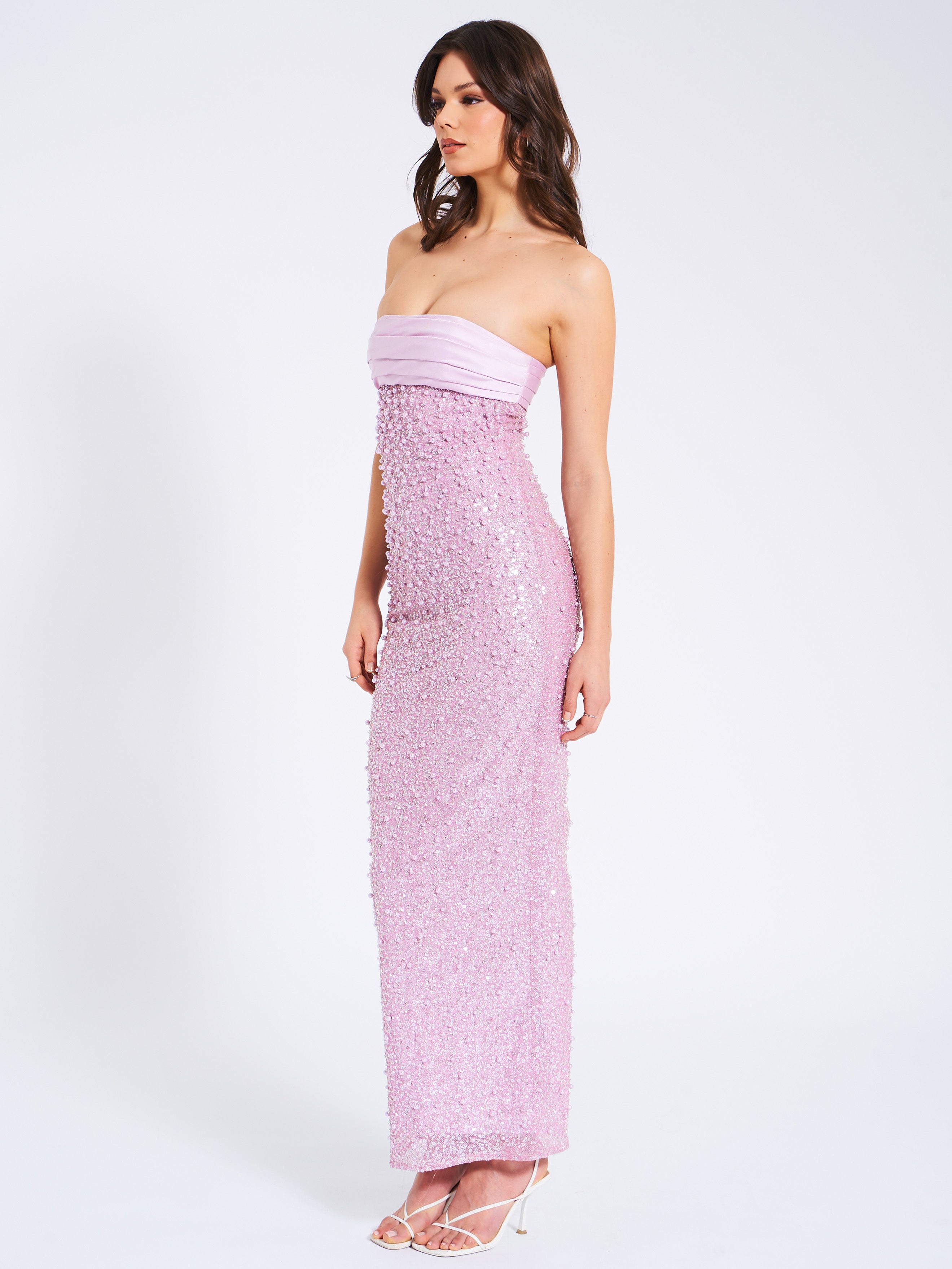 Lainey Purple Satin Sequin Pearls Beaded Maxi Dress