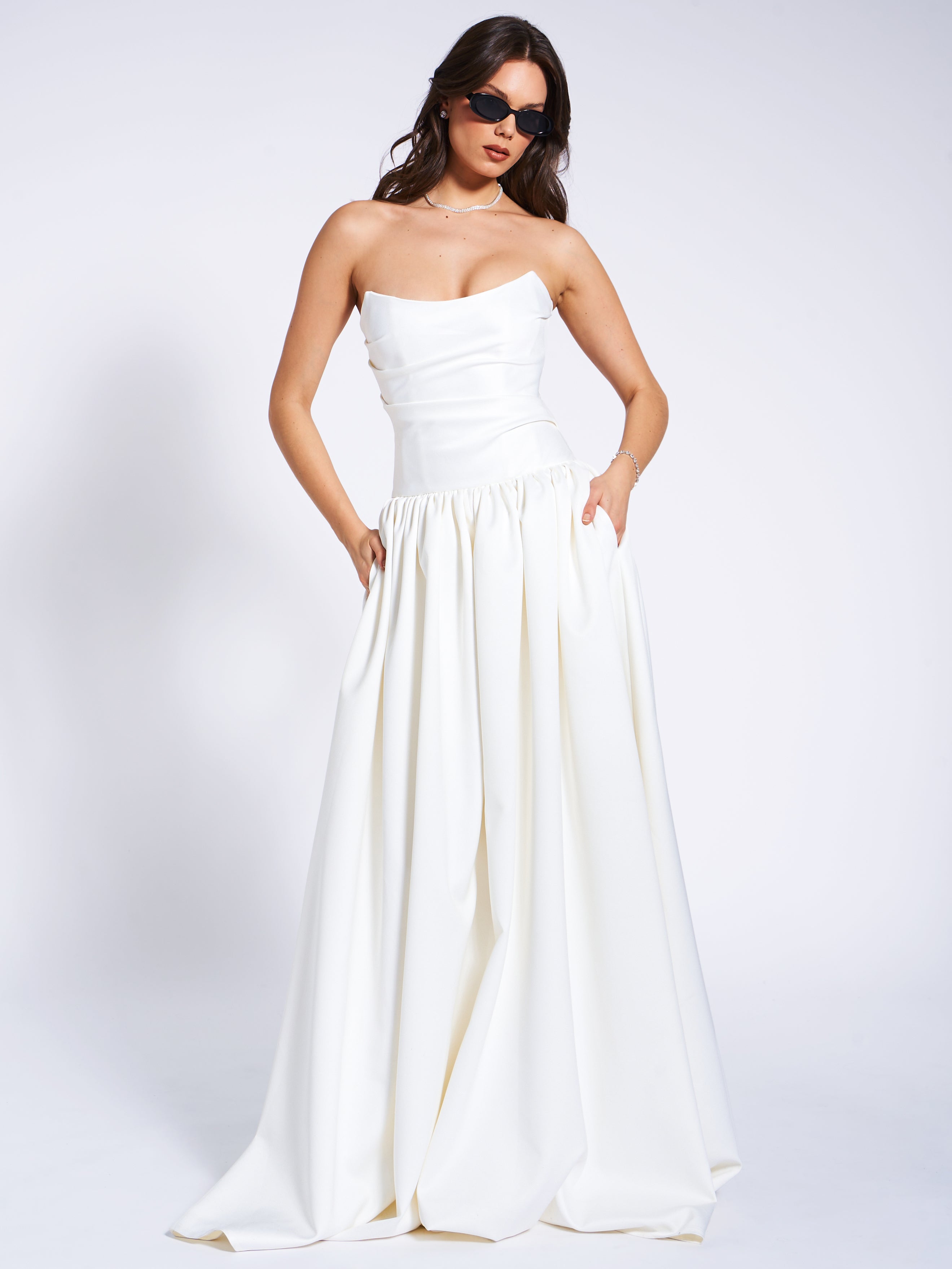 Umay White Drop Waist Satin Corset Bridal Gown