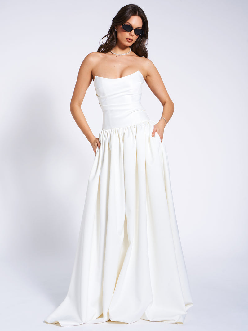 Umay White Drop Waist Satin Corset Bridal Gown