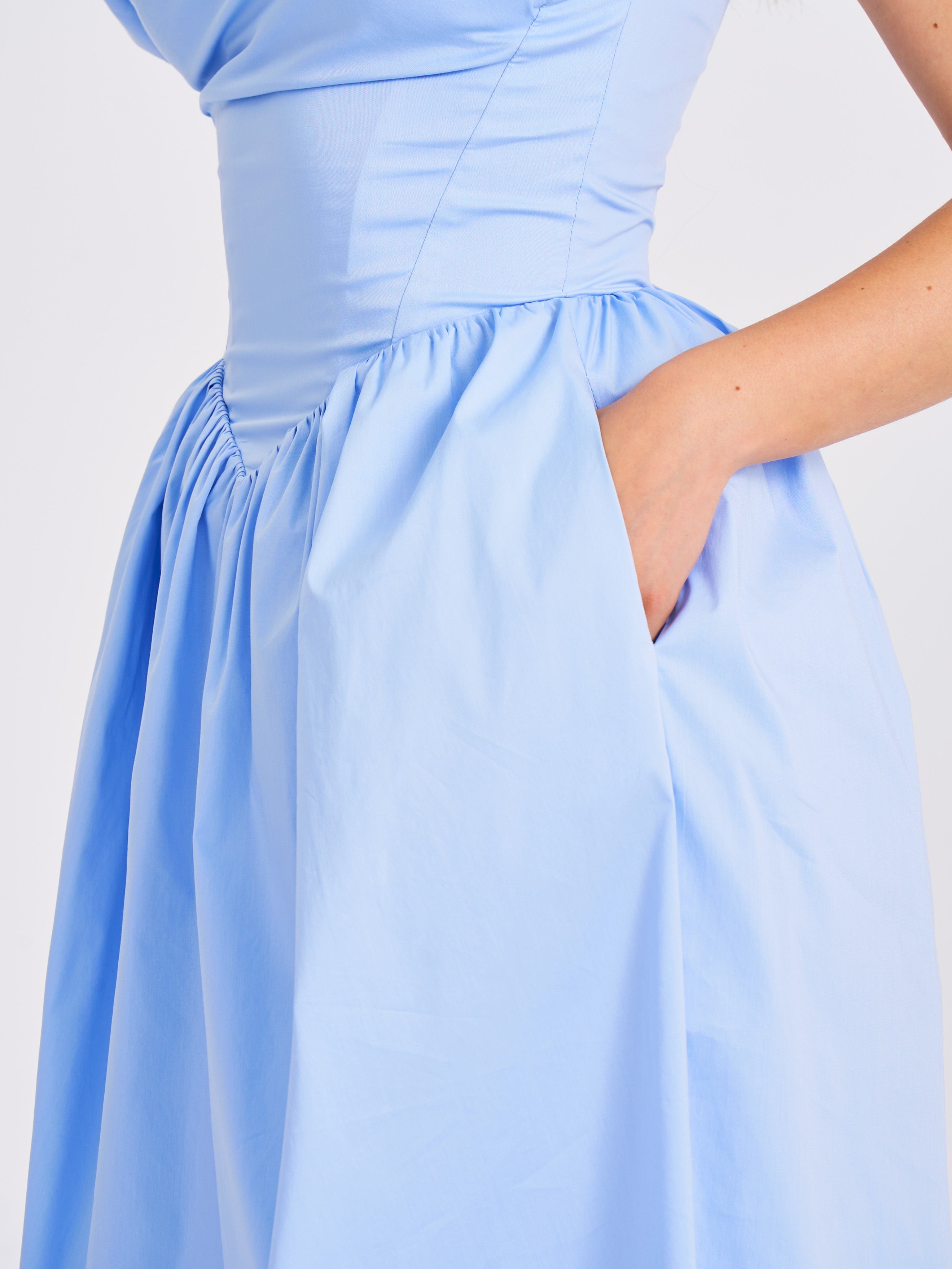 Reina Blue Drop Waist Corset Midi Dress