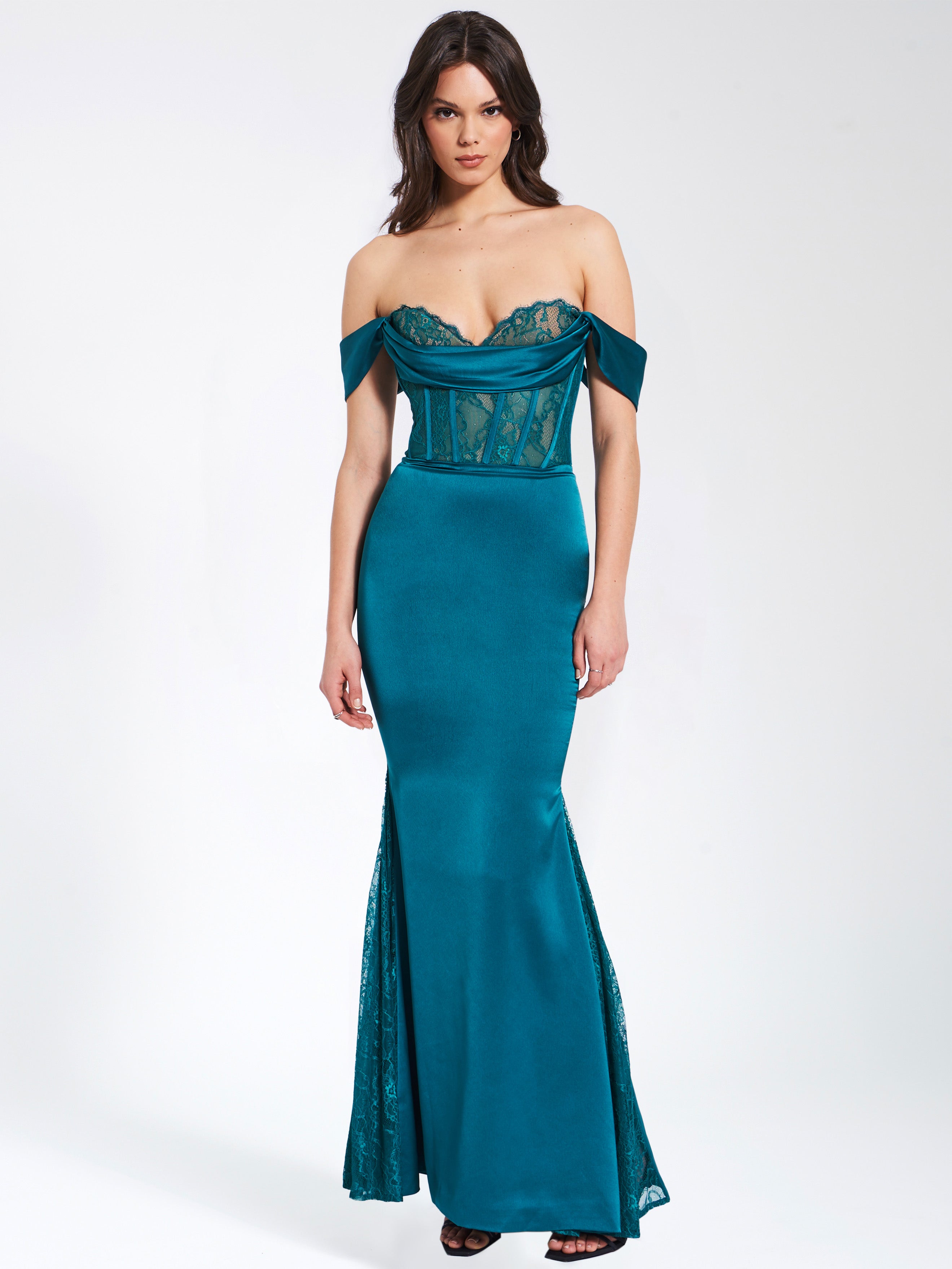 Callista Teal Satin Lace Corset Maxi Dress