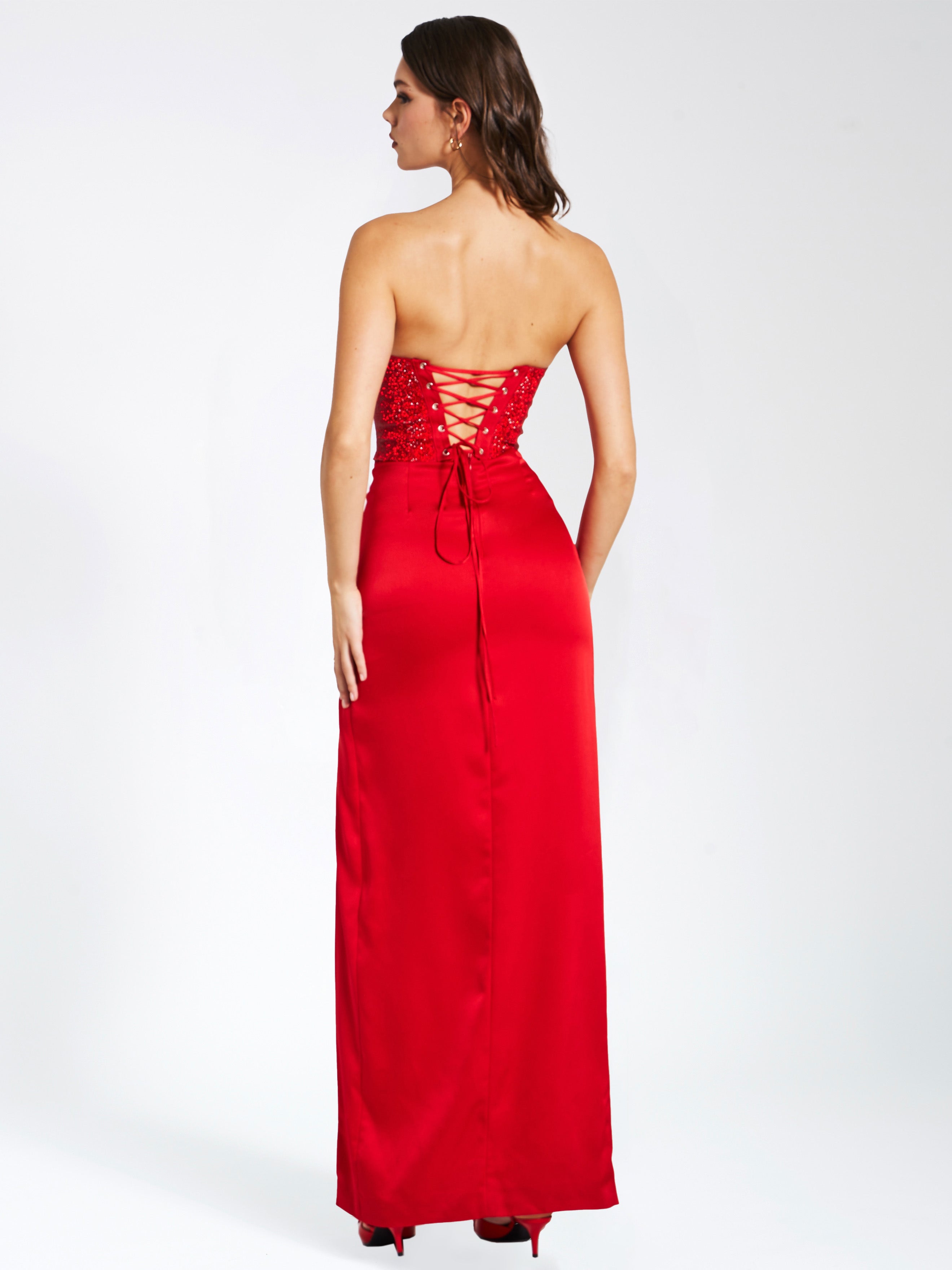 Kadesha Red Crystal High Slit Satin Corset Gown