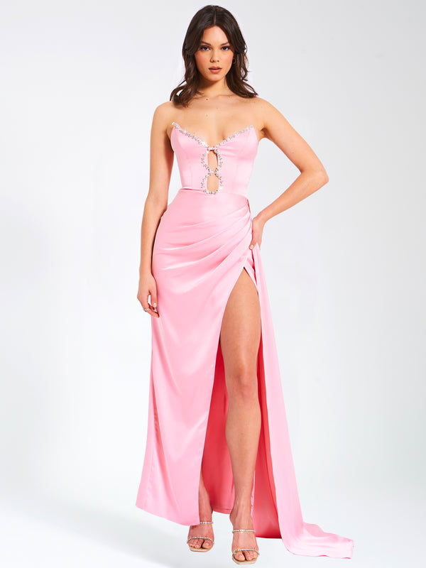 Marilyn Pink Satin Crystal Embellished High Slit Gown