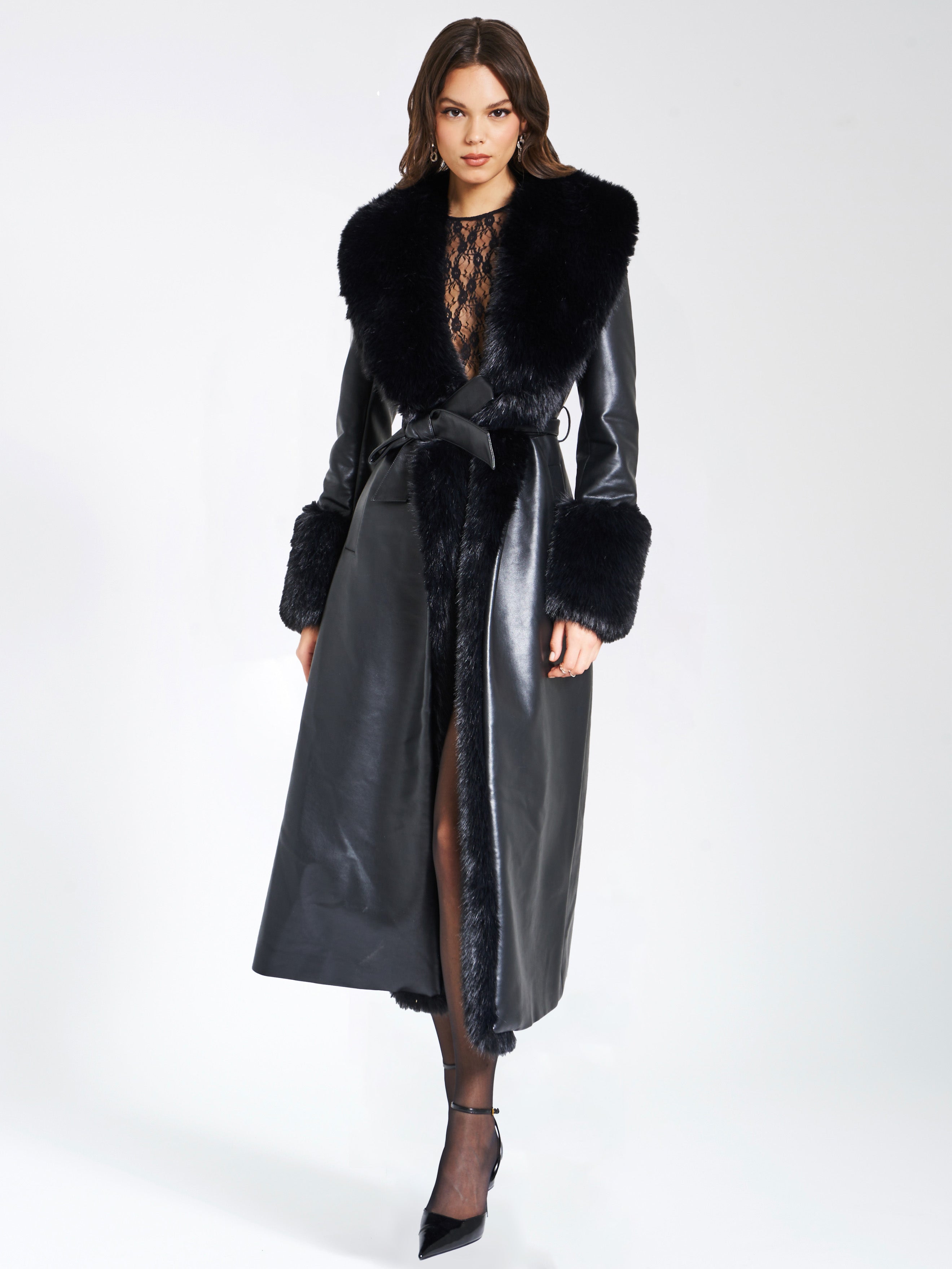 Zaida Black Vegan Fur Trim Black Vegan Leather Coat