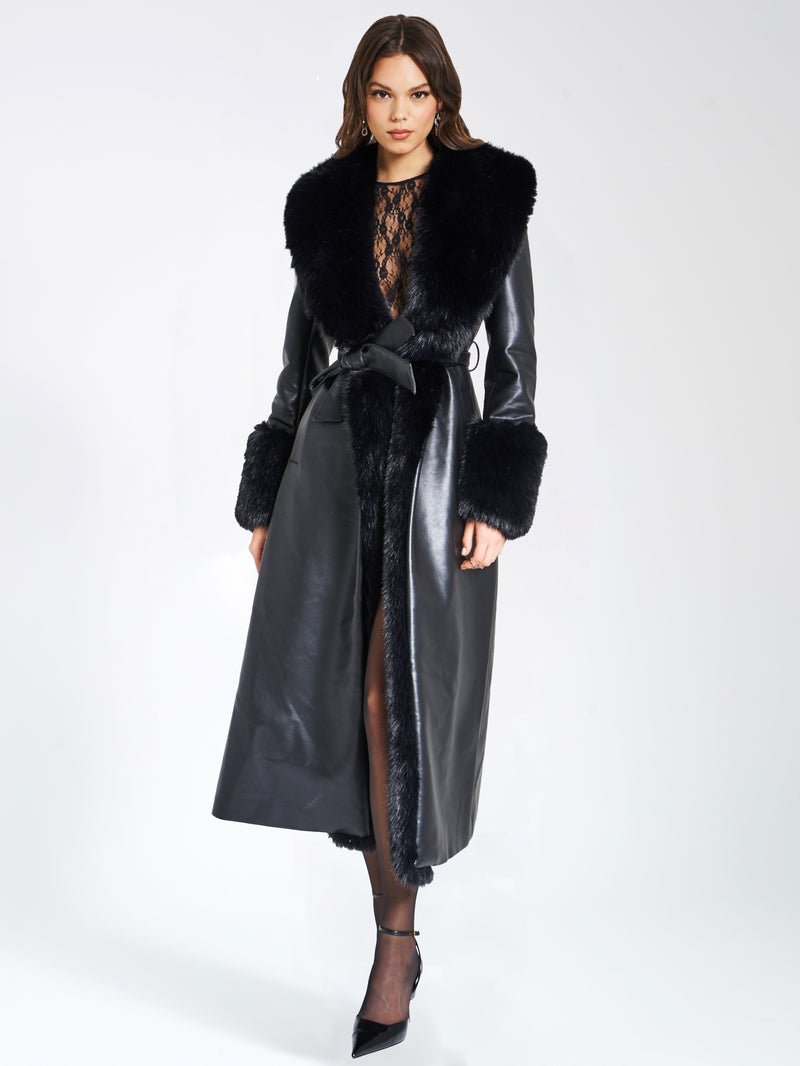 Miss Circle Women's Zaida Trim Coat, in Black, Vegan Leather/Faux Fur | Size: XL/US 12-14