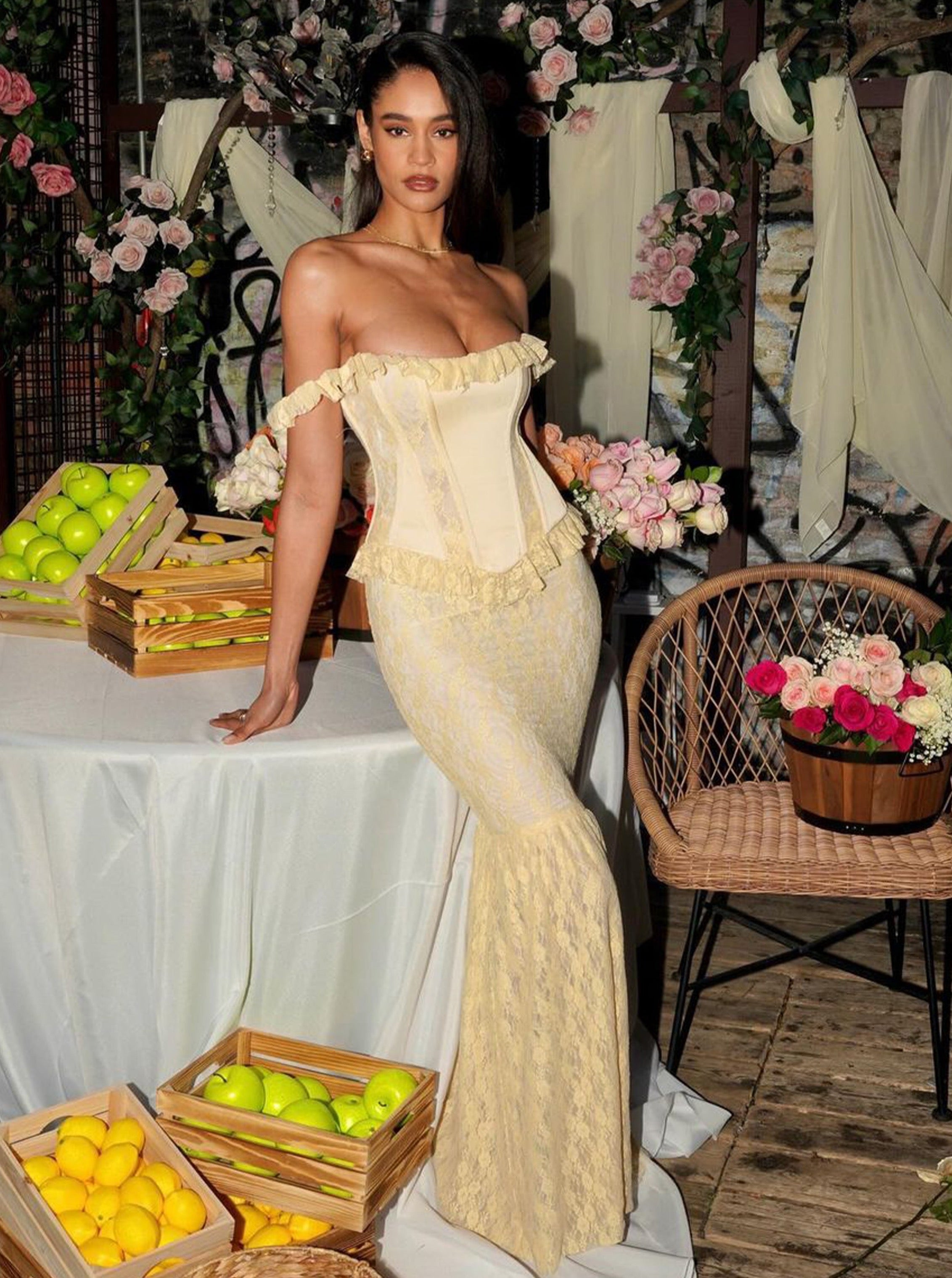 Ersilia Pale Yellow Satin Lace Peplum Corset Off Shoulder Maxi Dress