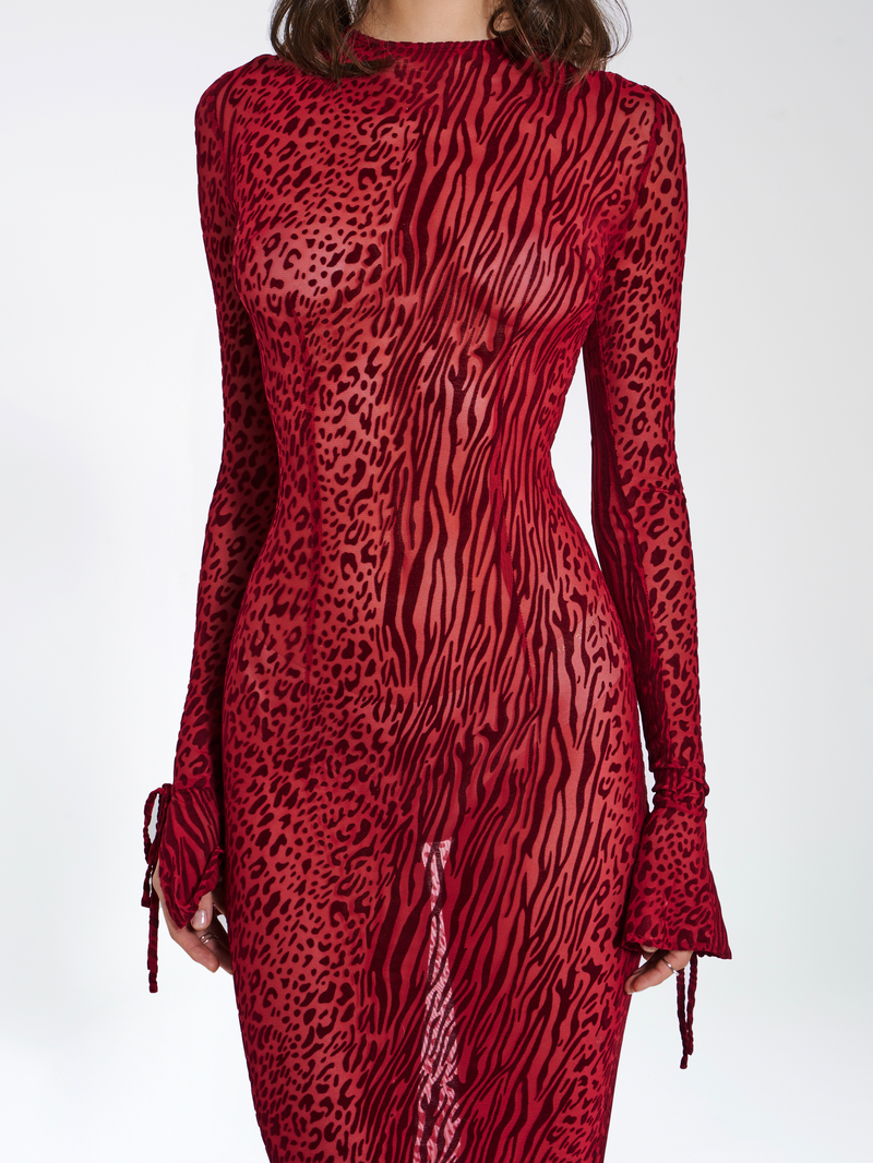 Waylynn Burgundy Burnout Velvet Detail Mesh Backless Maxi Dress