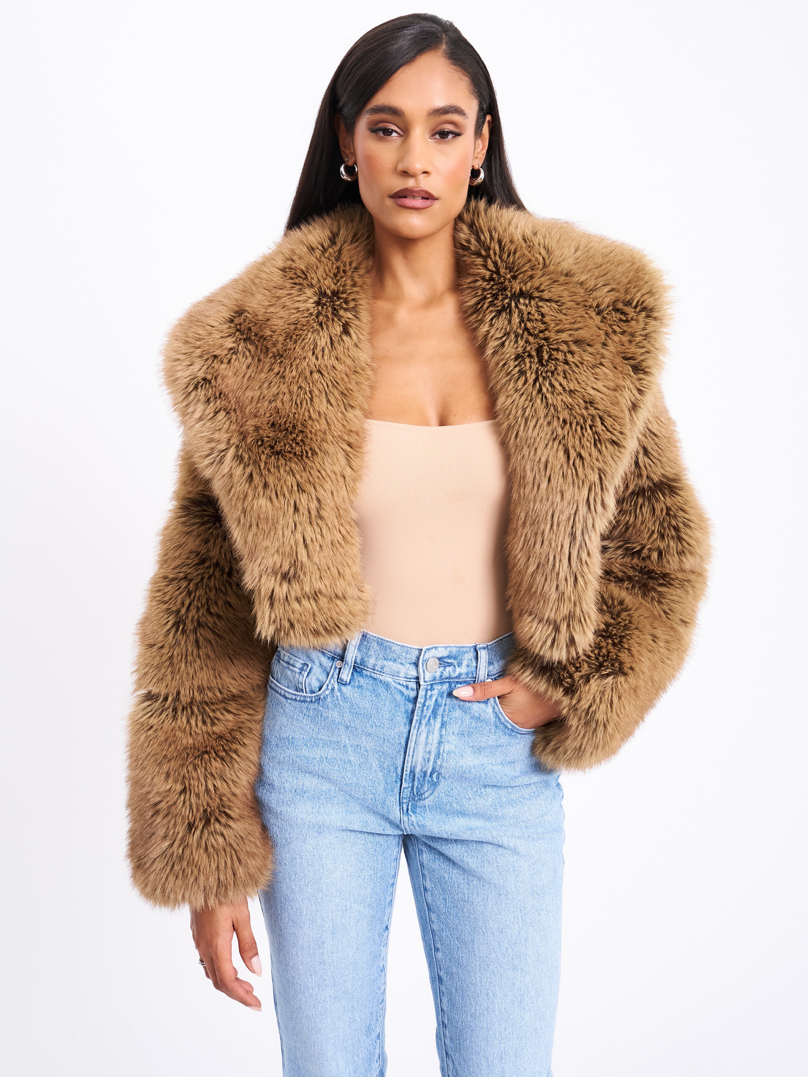 Yadavi Brown Vegan Fur Cropped Jacket