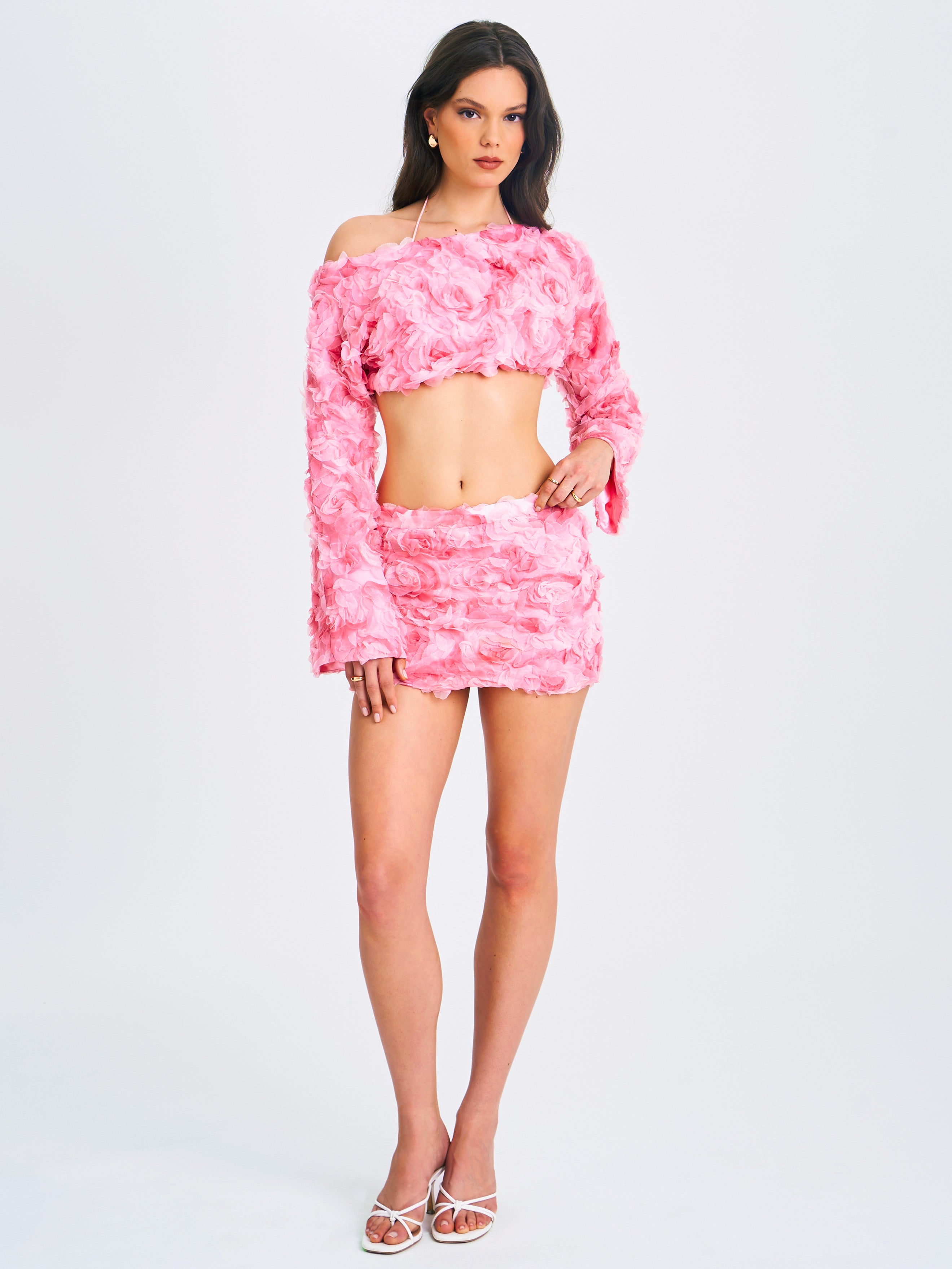 Qiana Pink Floral Appliqué  Mini Skirt