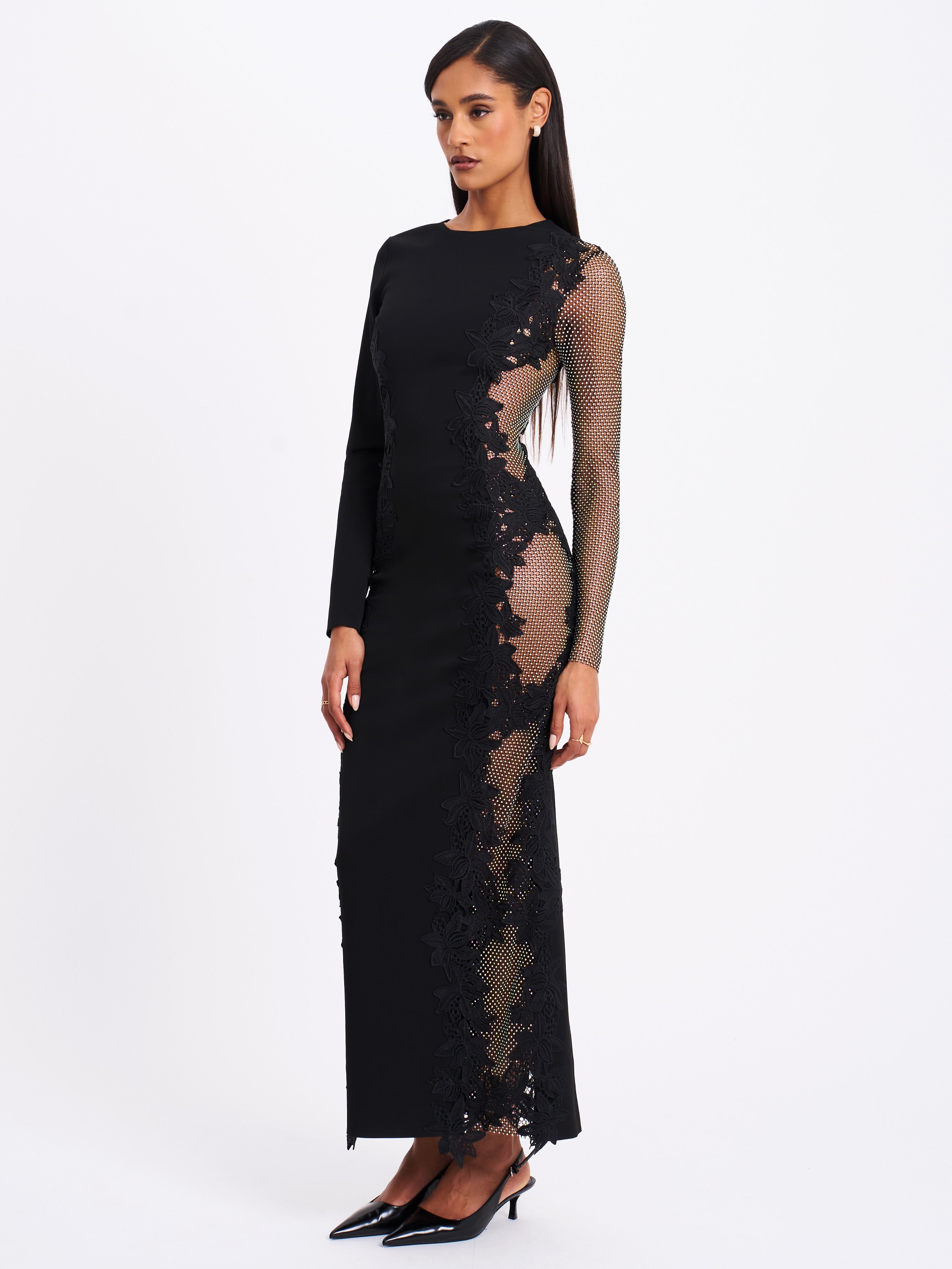 Bailey Lace Trim Crystal Net Cutout Long Sleeve Gown