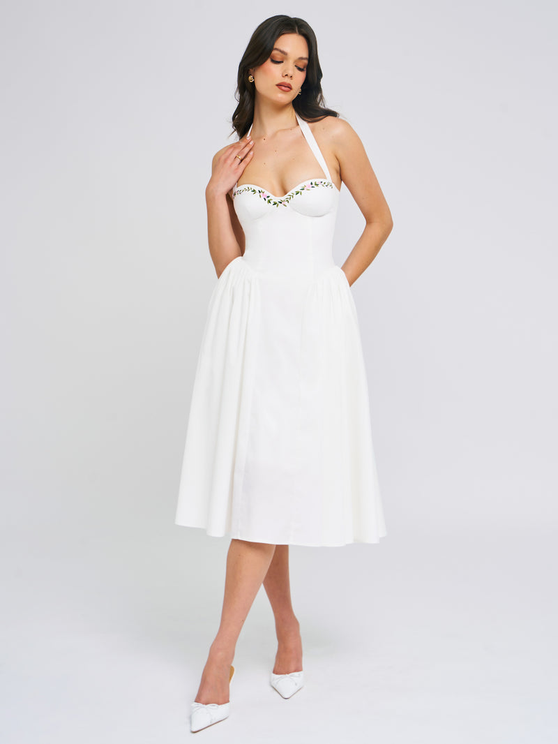 Gianna White Embroidered Halter Maxi Dress