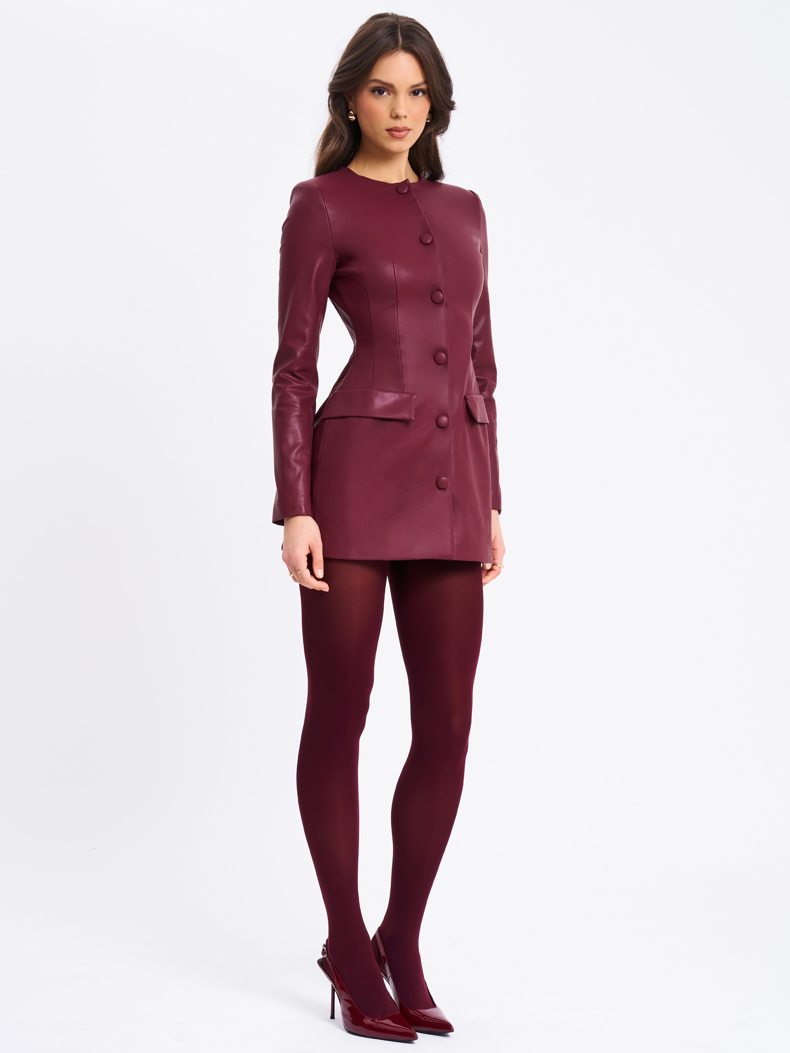 Baila Burgundy Vegan Leather Blazer Mini Dress