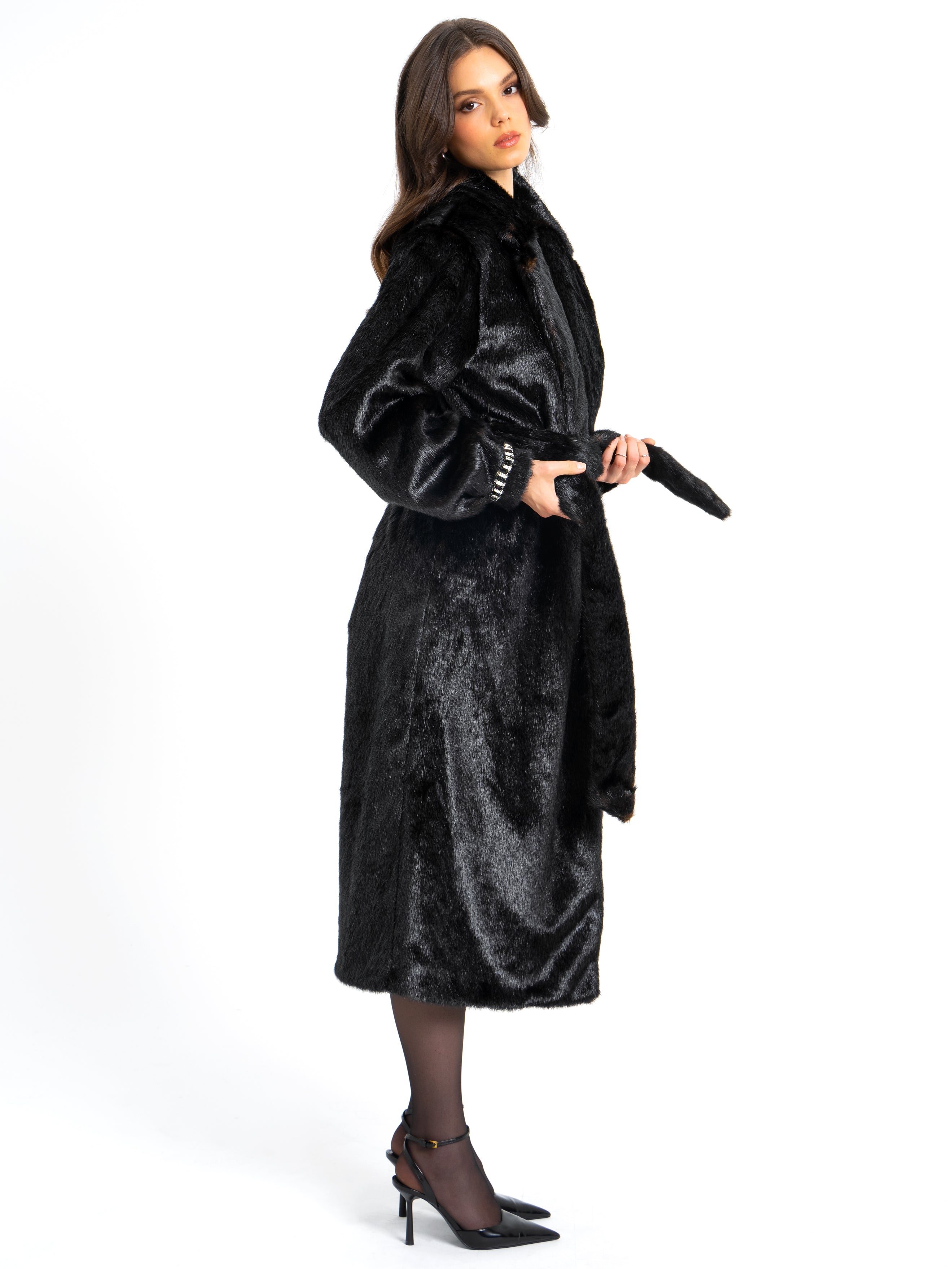 Yahia Black Vegan Long Faux Mink Coat