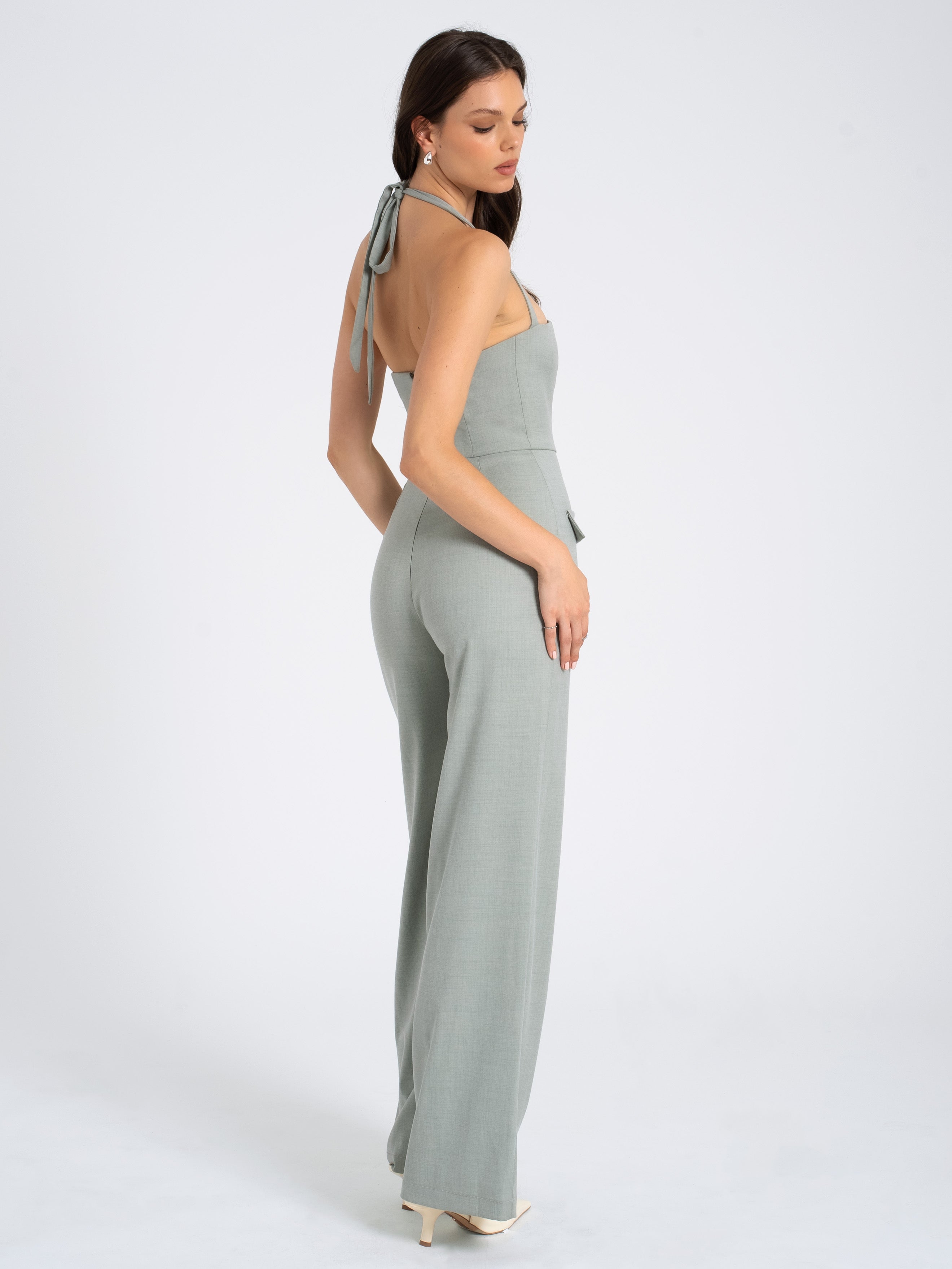 Zaria Sage Green Wide Leg Halter Jumpsuit