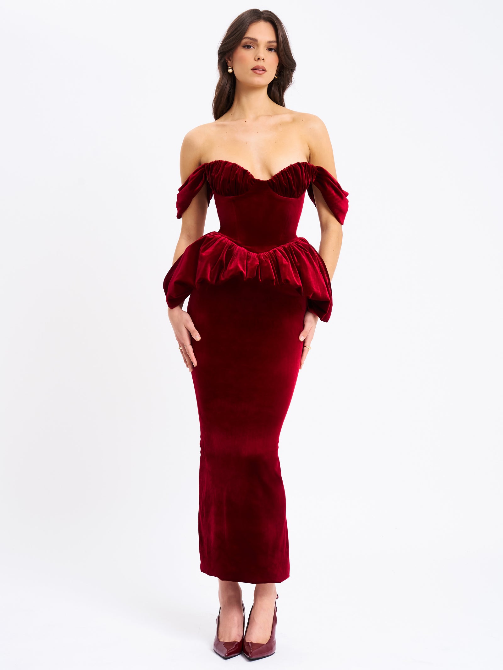 Off shoulder v neck velvet lace hem cami maxi dress