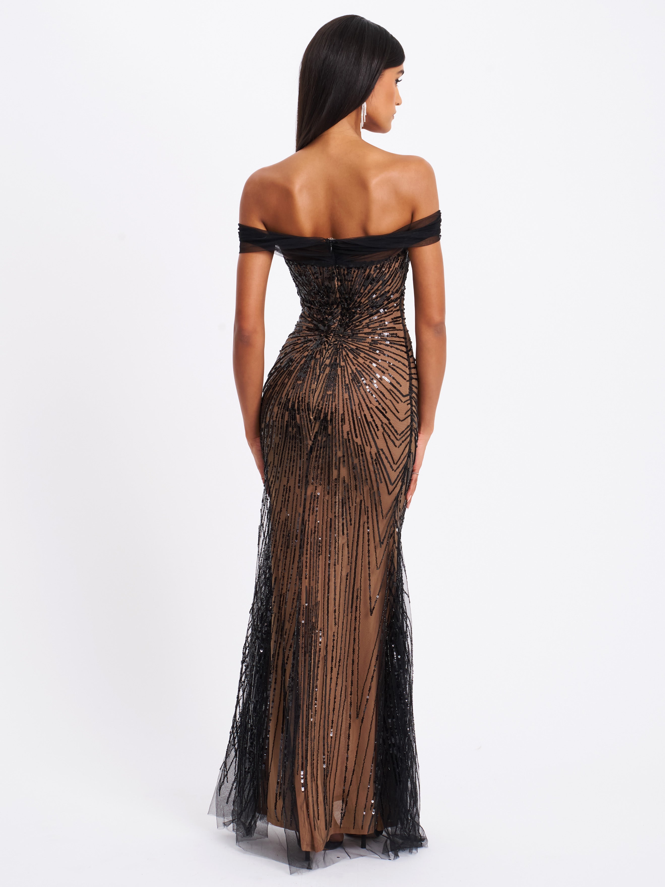 Qeturah Embroidered Sequin Off Shoulder Mesh Gown