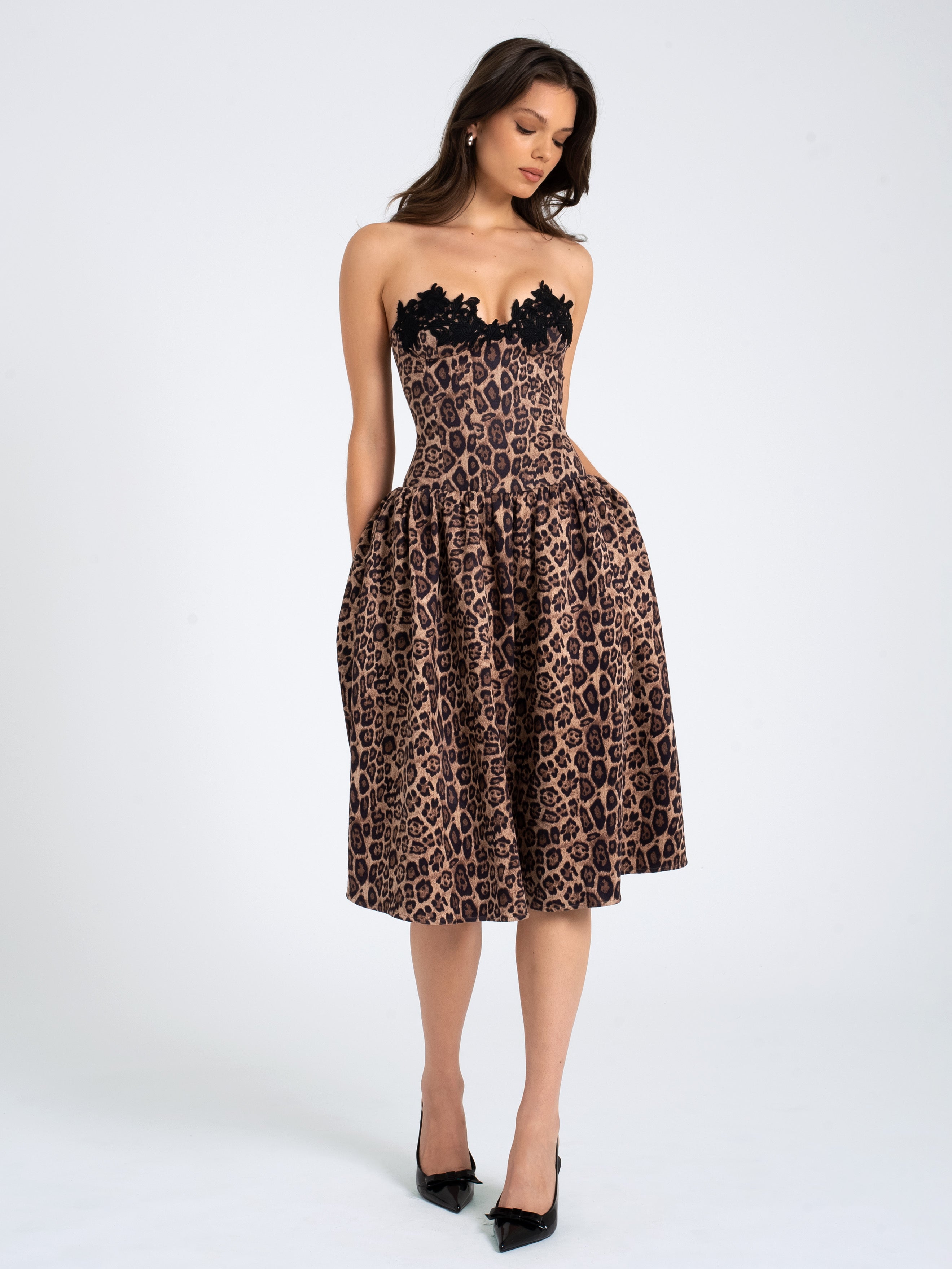 Uchenna Cheetah Print Stretchy Strapless Midi Dress with lace trim