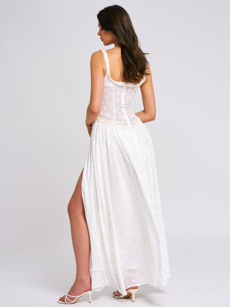 Ulissa White Square Neck Jacquard Textured High Slit Maxi Dress