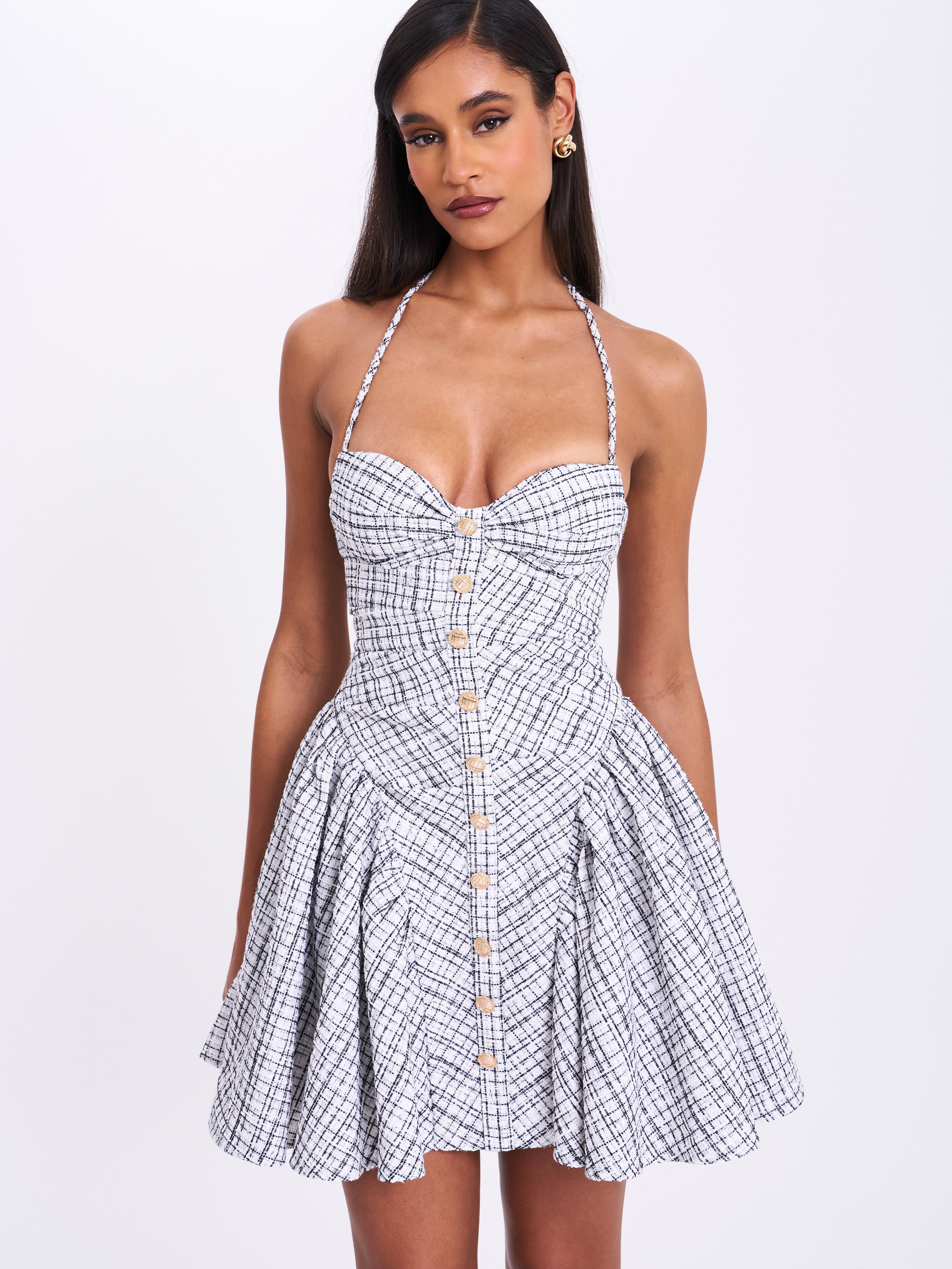 Melody Black and White Plaid Tweed Halter Drop Waist Mini Dress