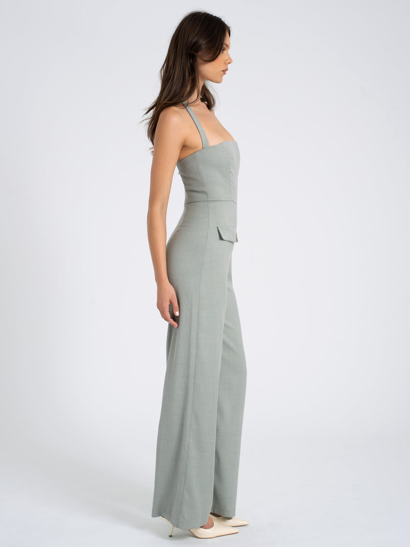 Zaria Sage Green Wide Leg Halter Jumpsuit