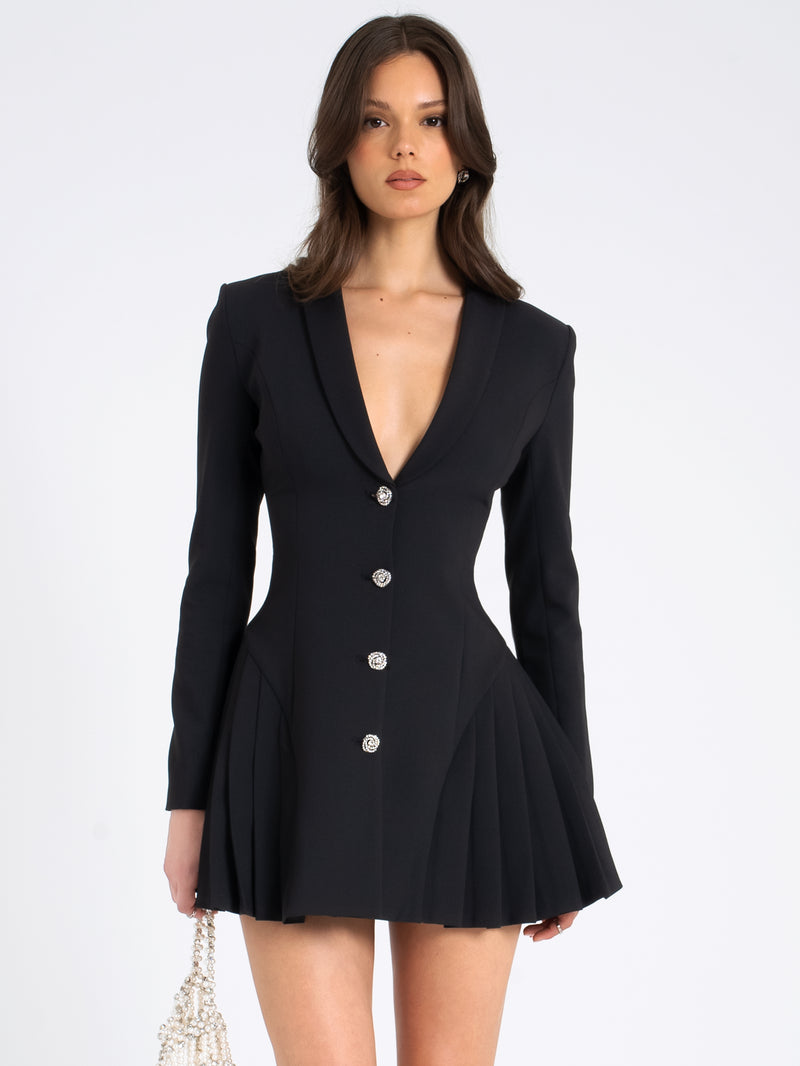 Ria Black Blazer Mini Dress with Crystal Button and Pleated Detail Miss Circle