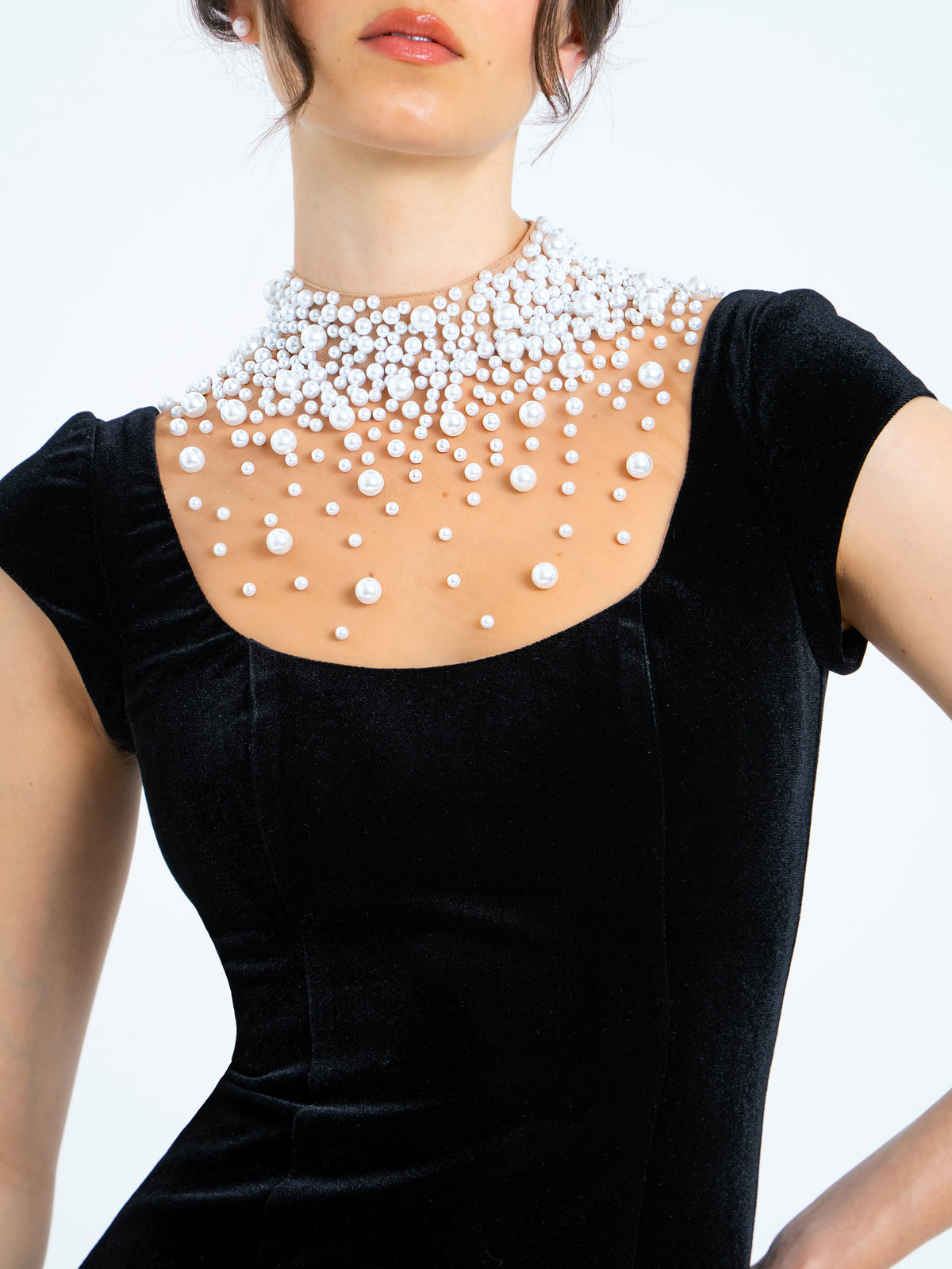 Velvet Pearl Evening Dress With Gloves