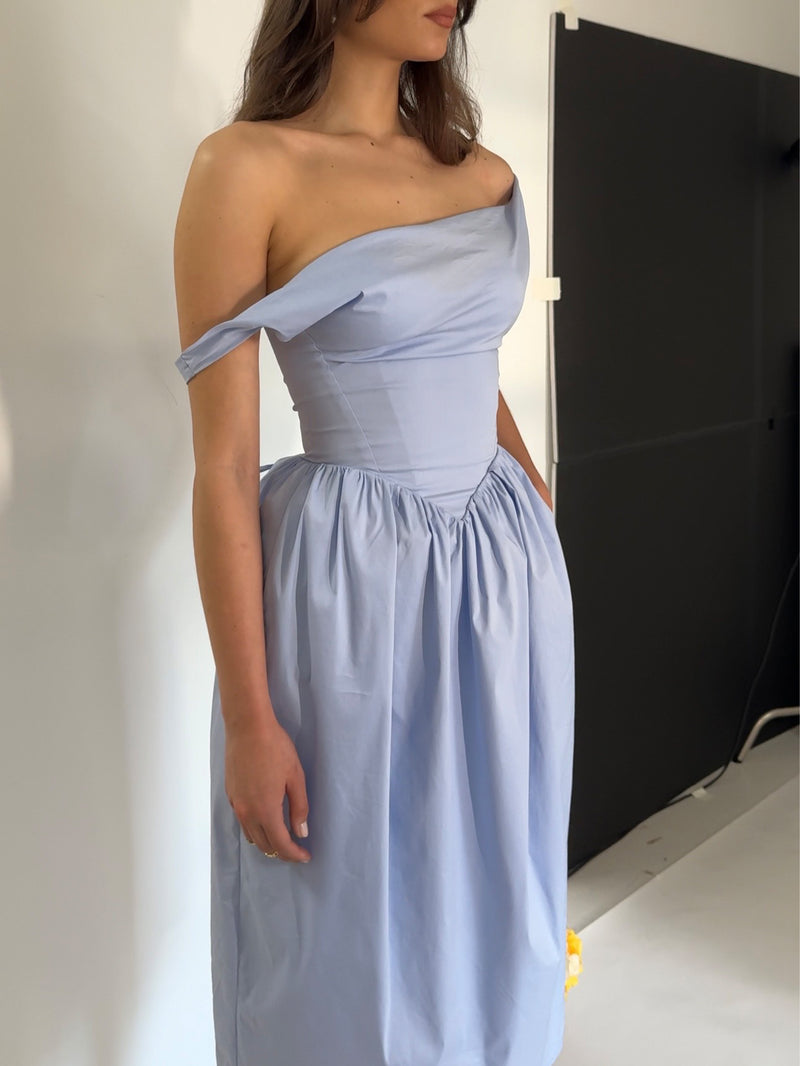 Reina Blue Drop Waist Corset Midi Dress