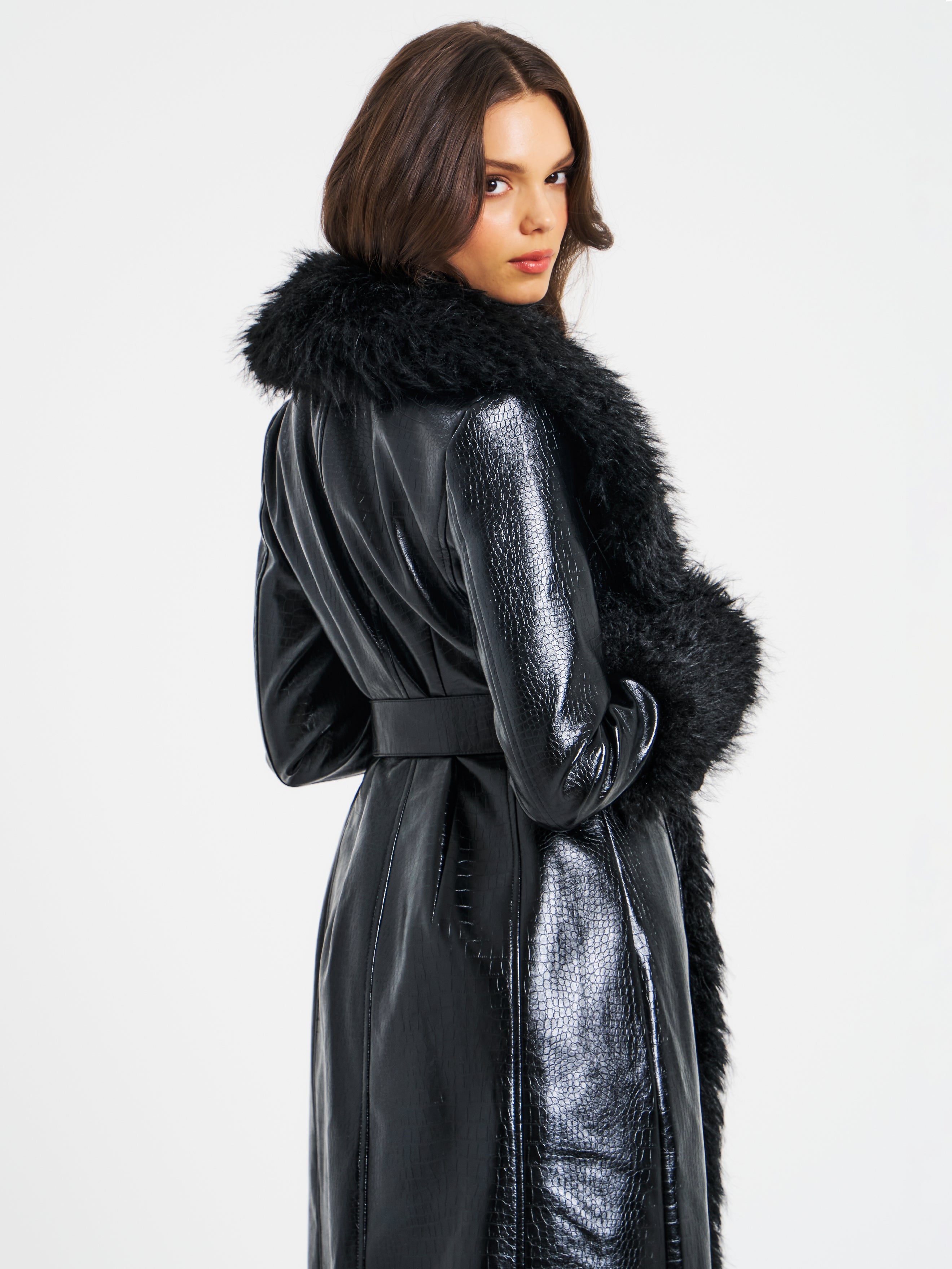 Zella Black Fur Trim Vegan Croc Leather Coat