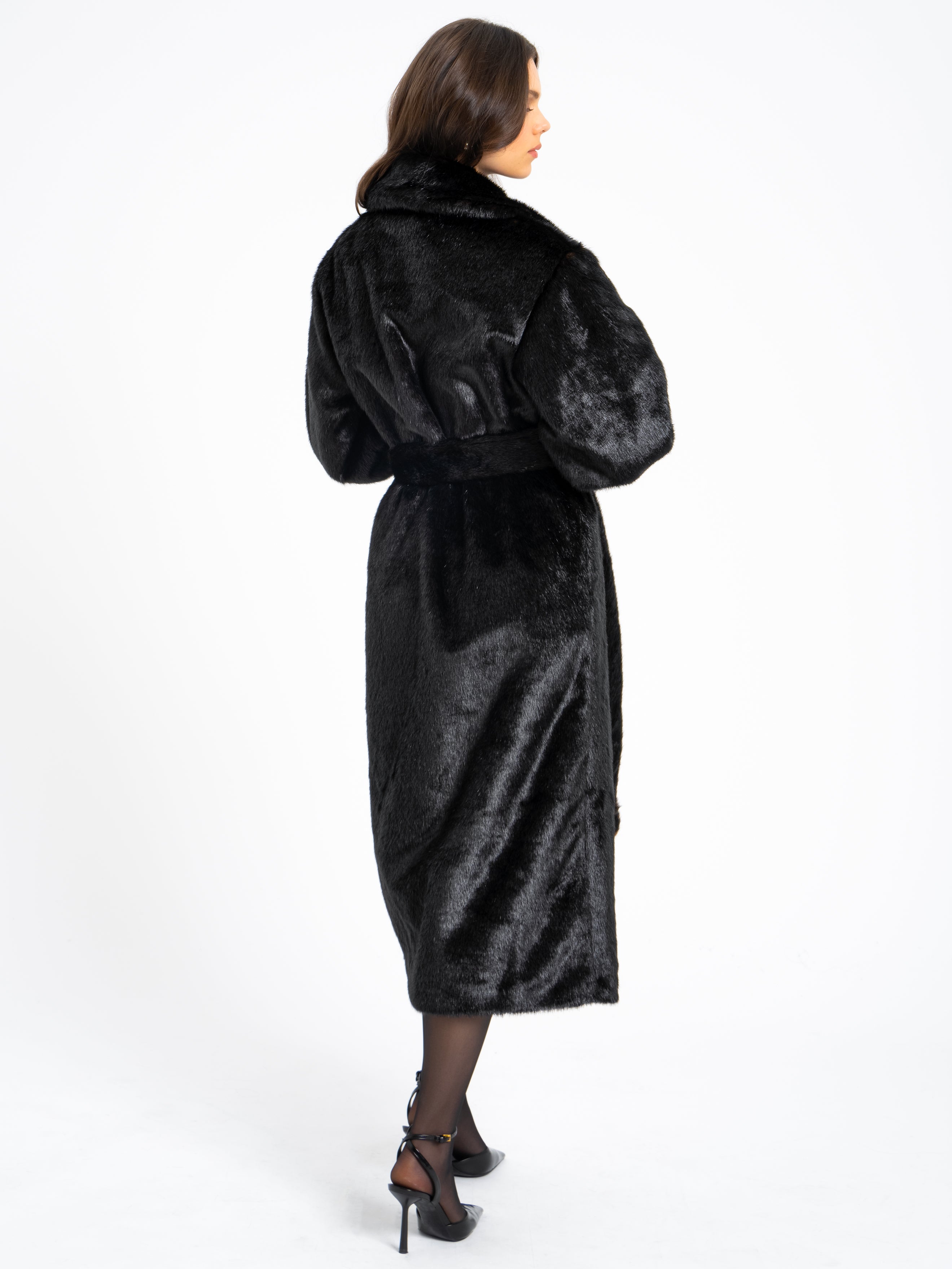 Yahia Black Vegan Long Faux Mink Coat