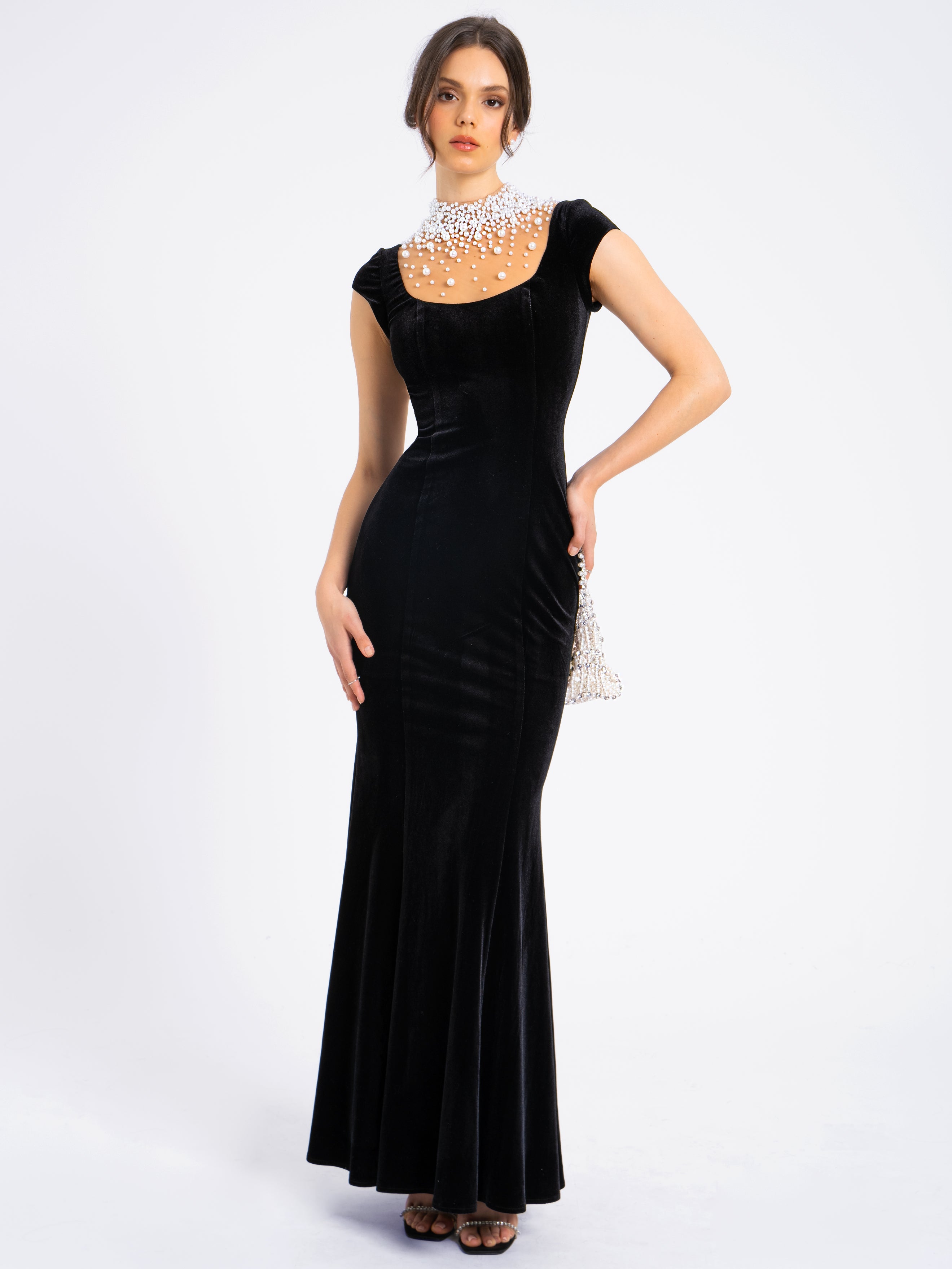 Rachael Black Velvet Pearl Embellished Gown