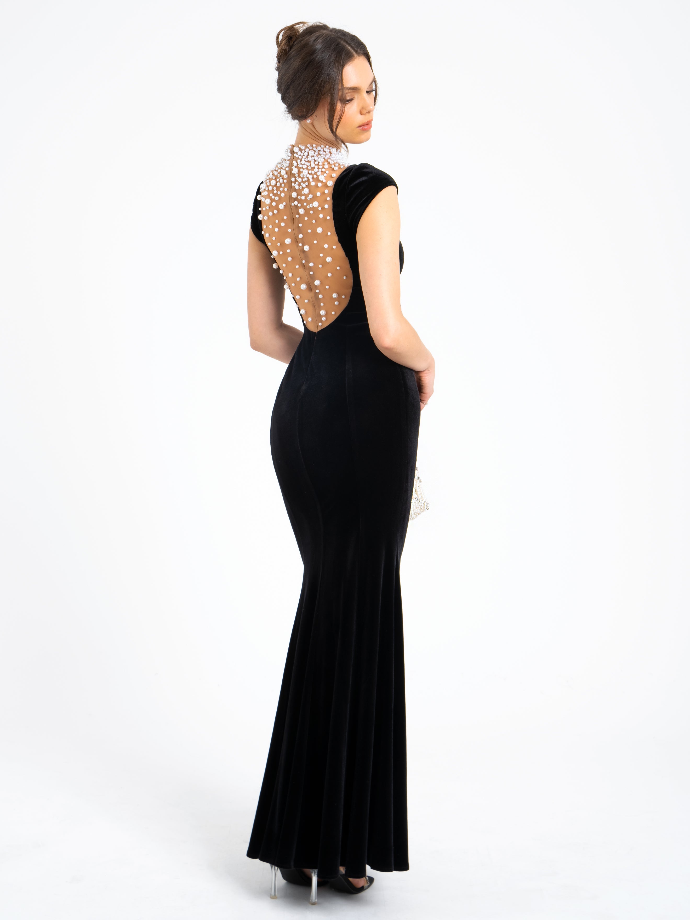 Rachael Black Velvet Pearl Embellished Gown