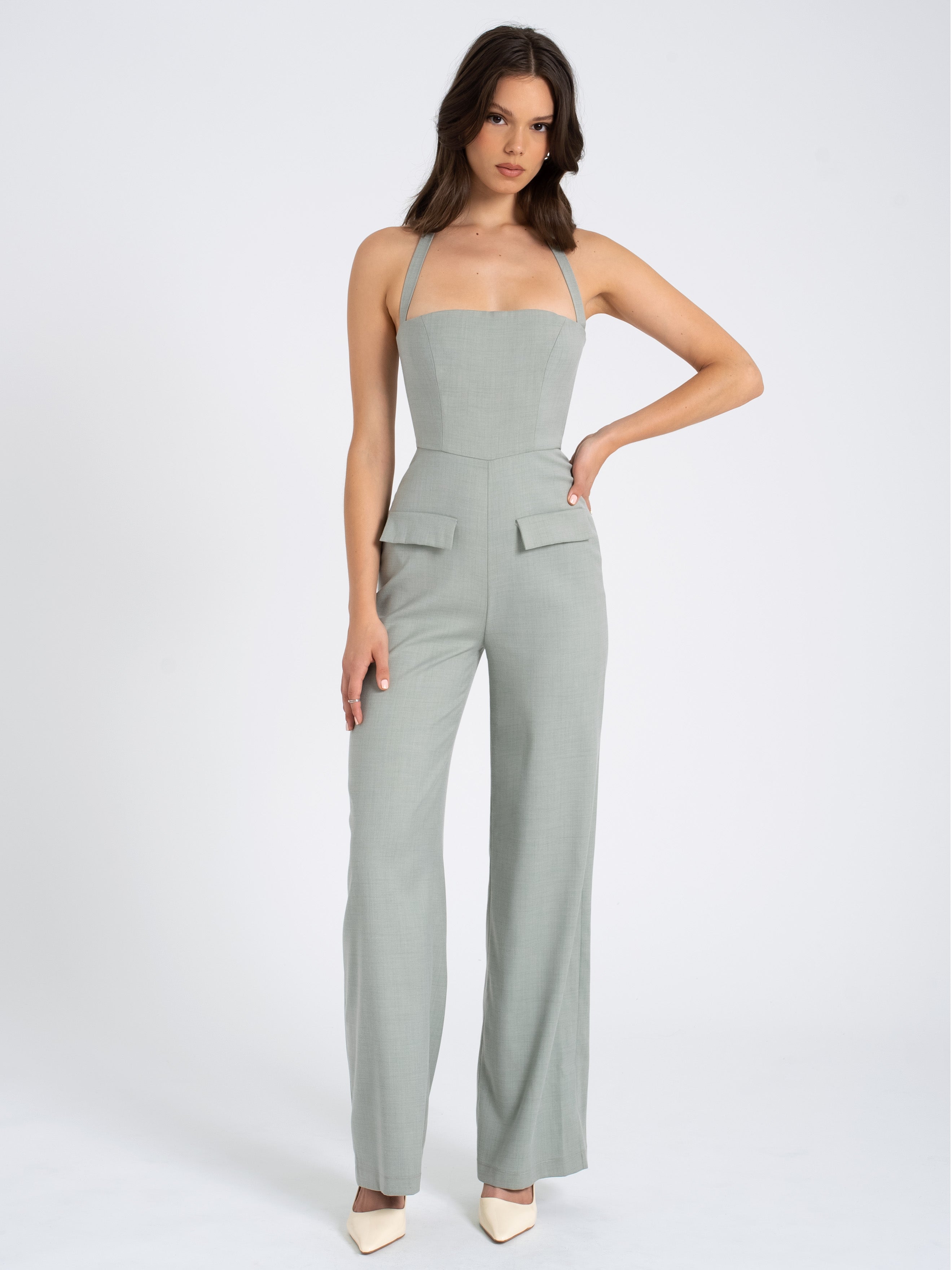 Zaria Sage Green Wide Leg Halter Jumpsuit