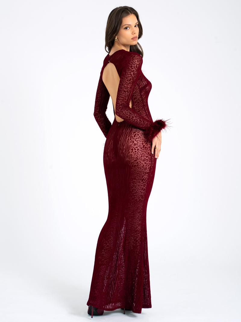 Patricia Burgundy Leopard Burnout Velvet Mesh Backless Maxi Dress