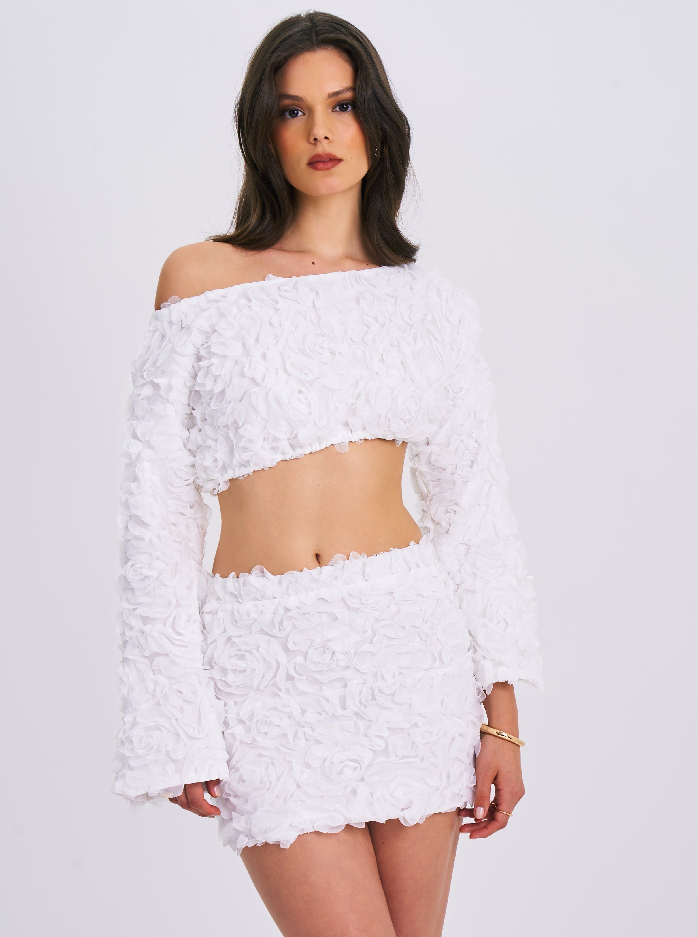 Qiana White Floral Appliqué Mini Skirt