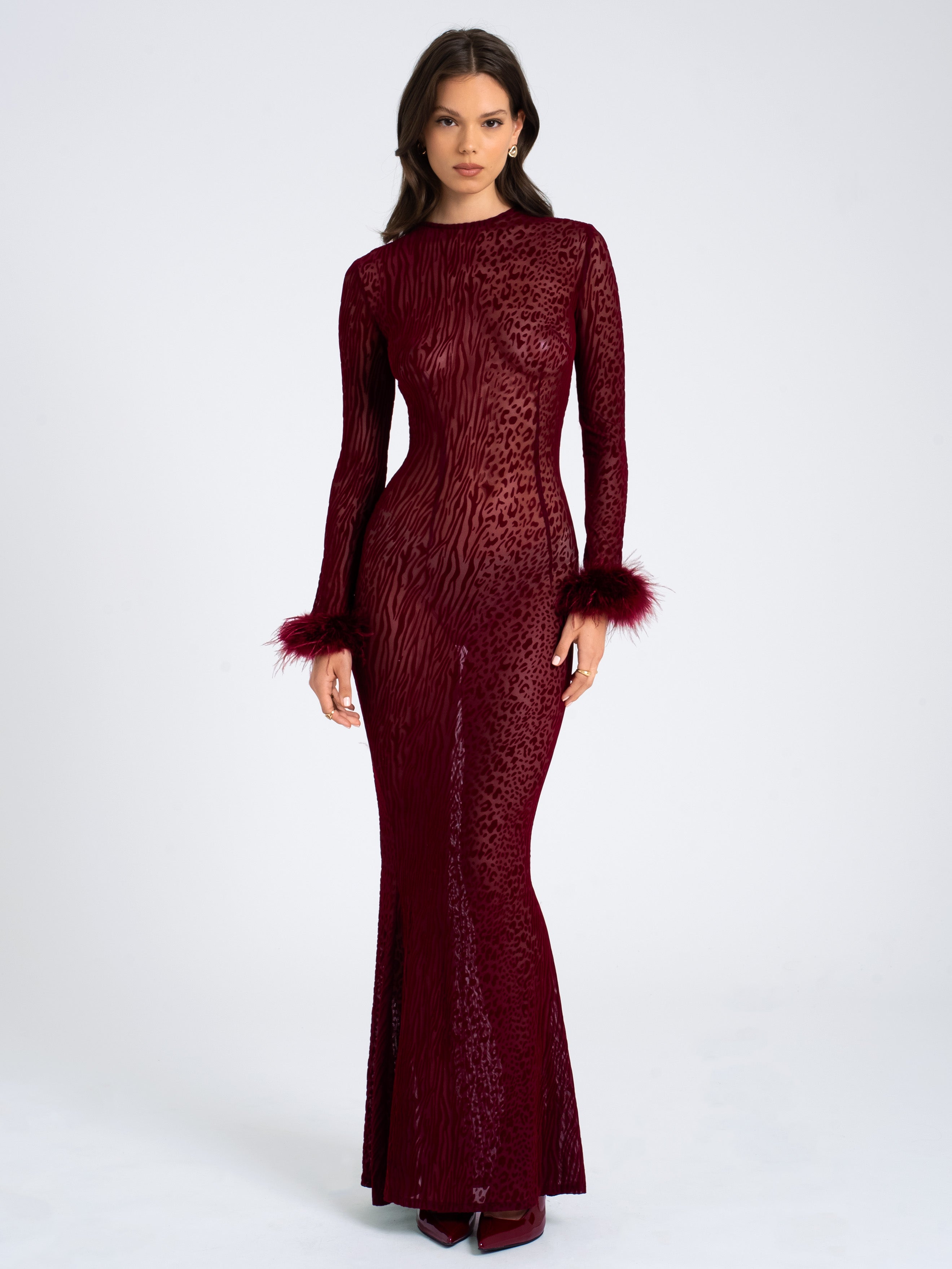 Patricia Burgundy Leopard Burnout Velvet Mesh Backless Maxi Dress