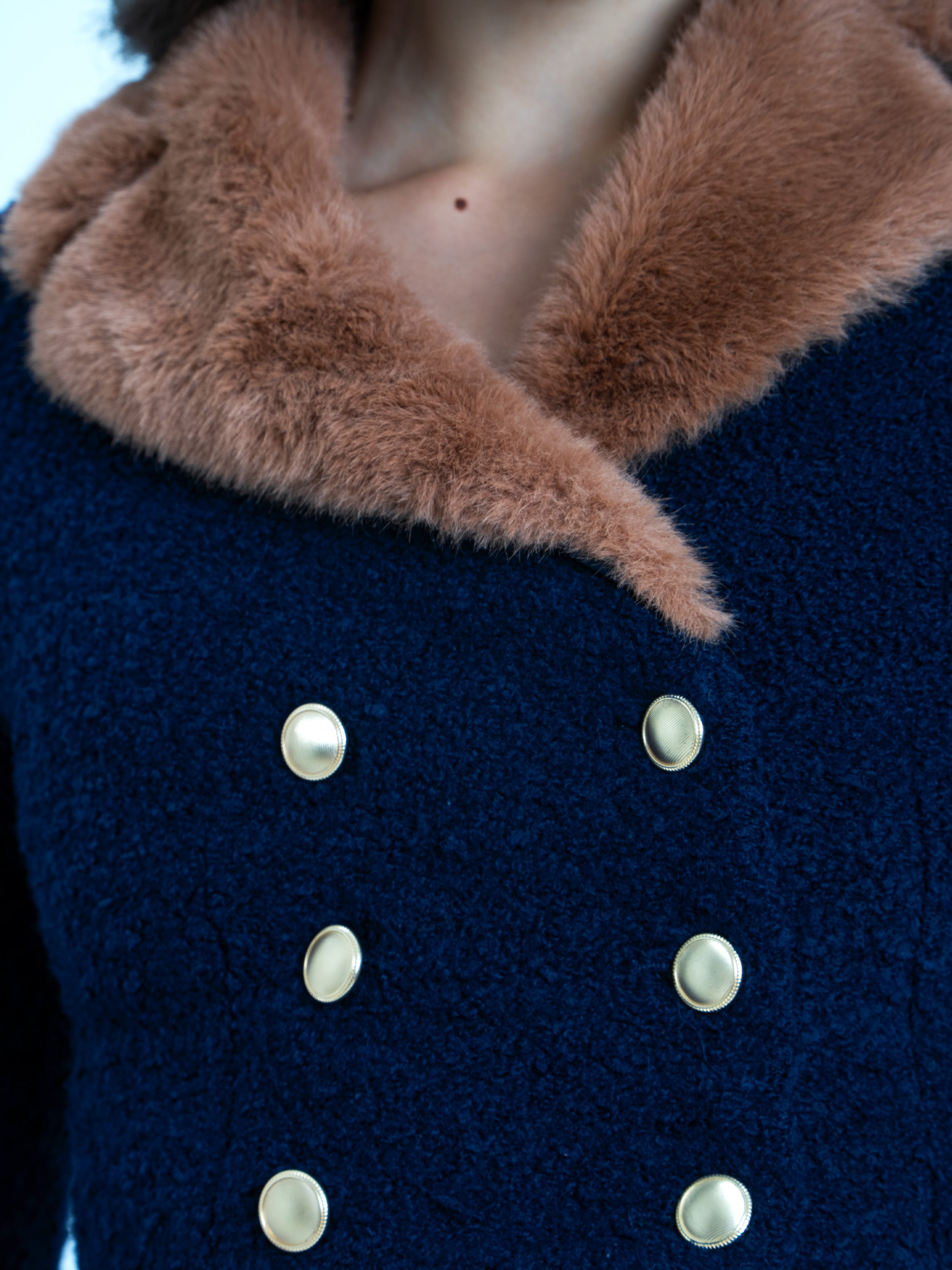 Wava Navy Blue Double Breast Fur Trim Cropped Boucle Wool Jacket (Arch