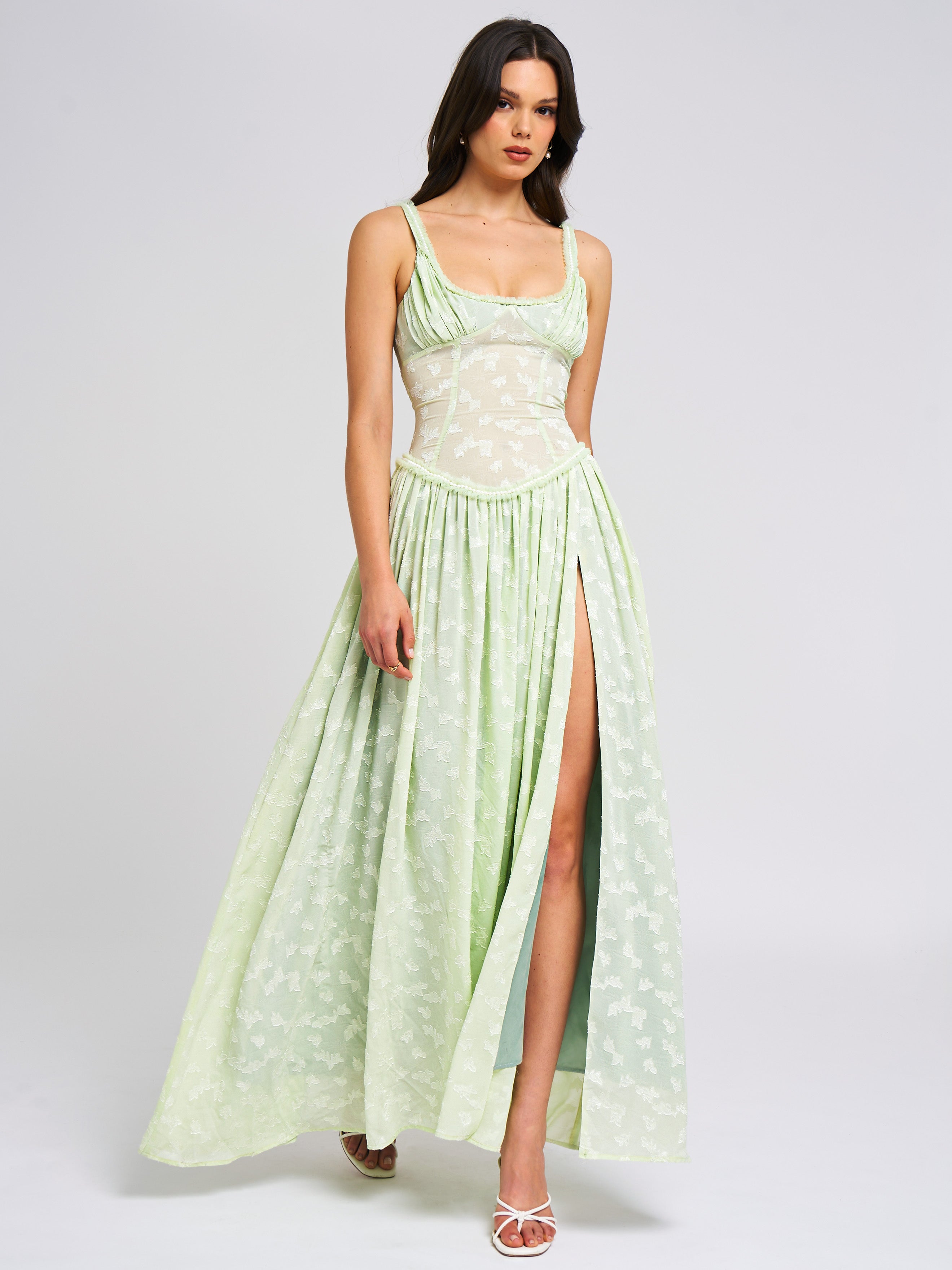 Ulissa Light Green Square Neck Jacquard Textured High Slit Maxi Dress