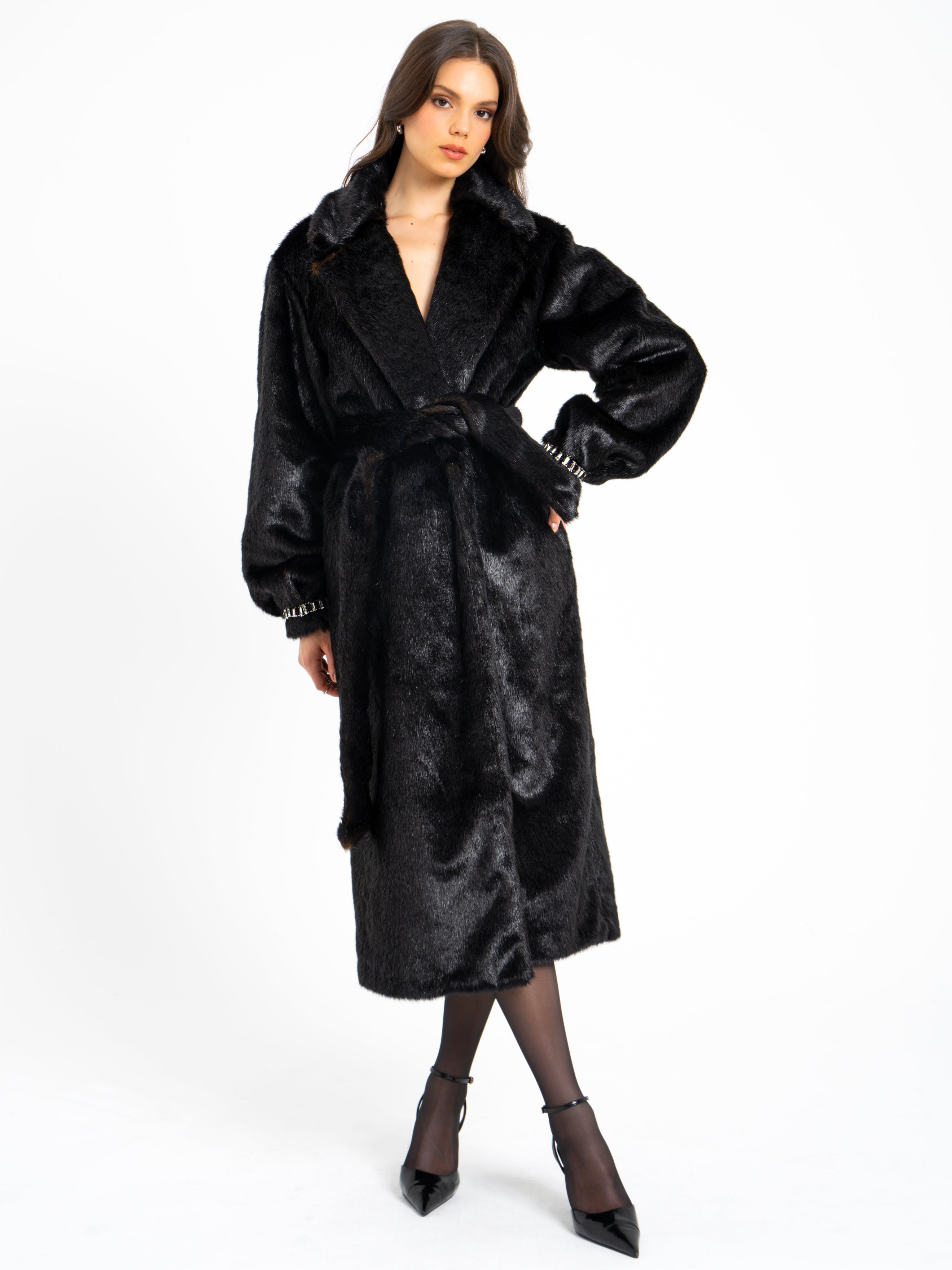 Yahia Black Vegan Long Faux Mink Coat