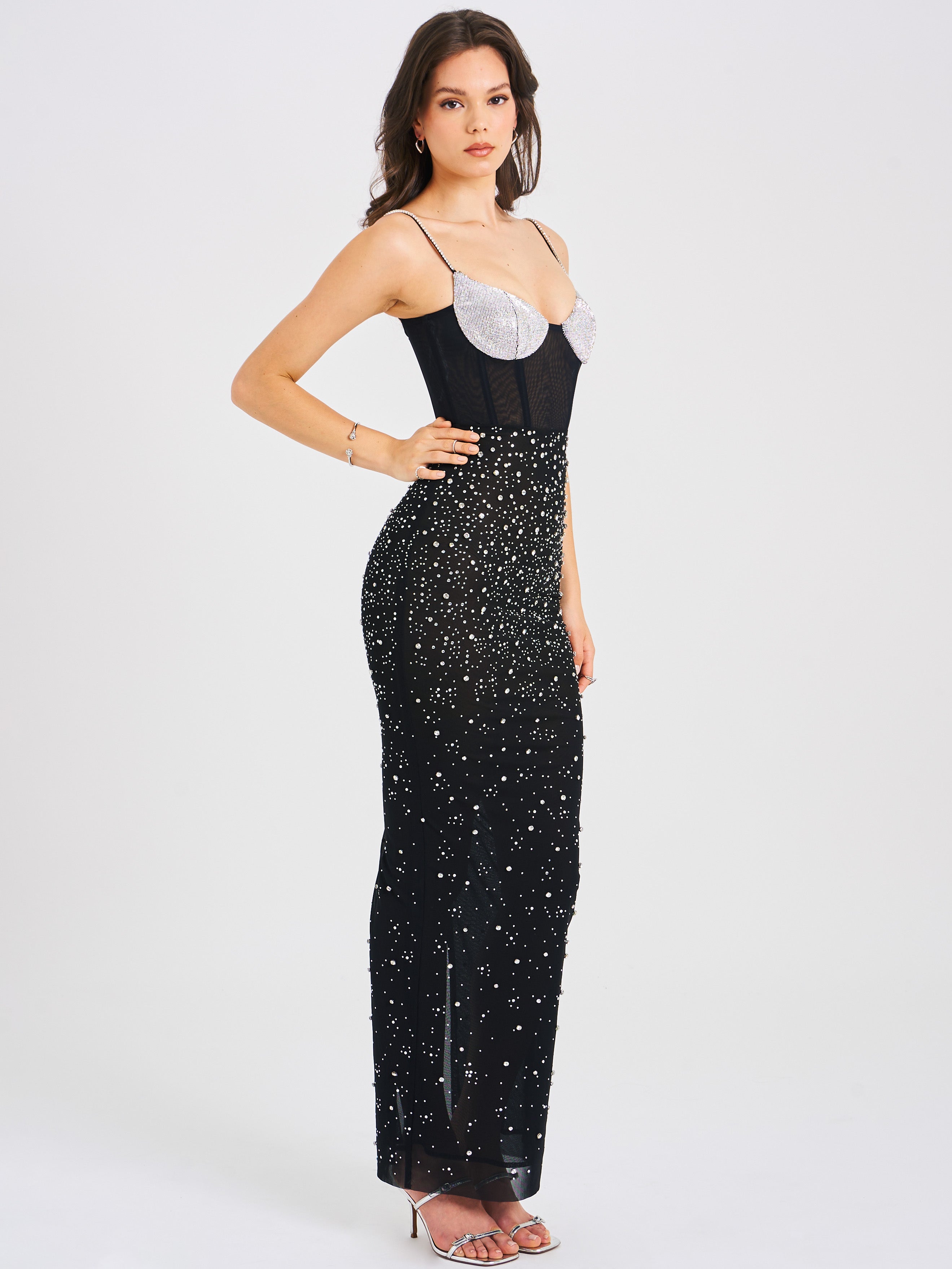 Jimena Crystal Embellished Back Slit Maxi Dress