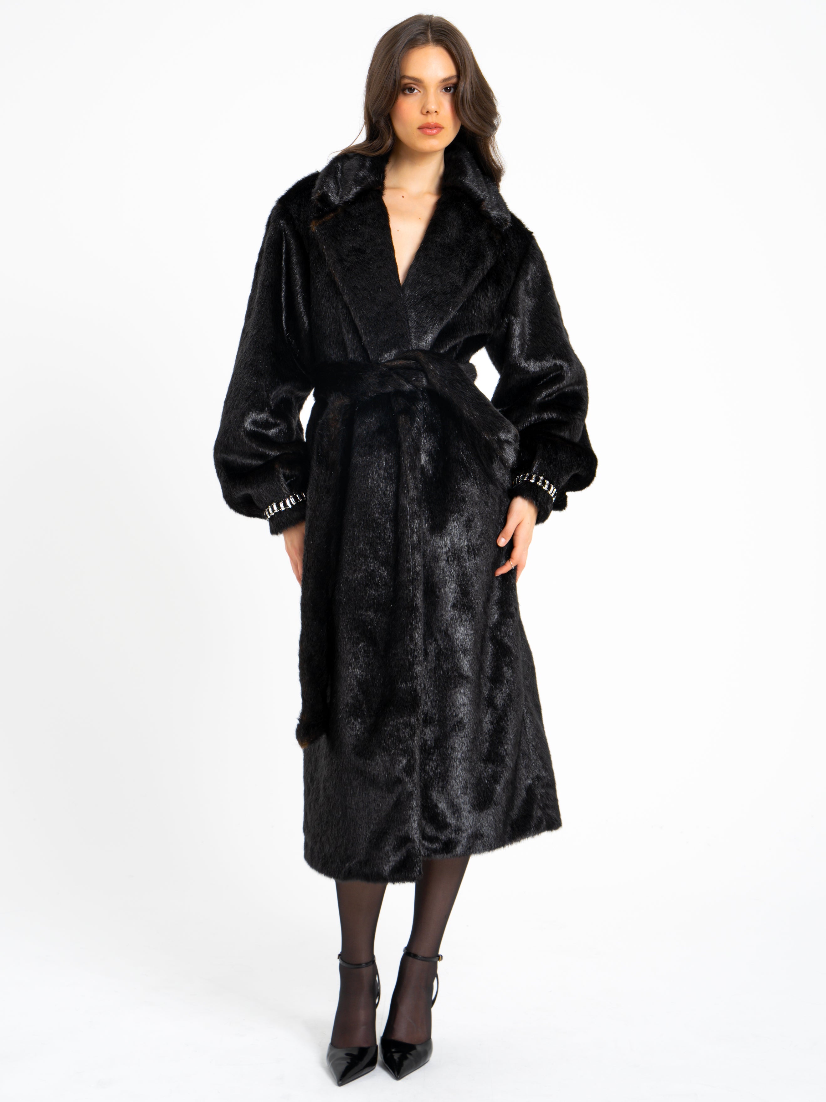 Yahia Black Vegan Long Faux Mink Coat