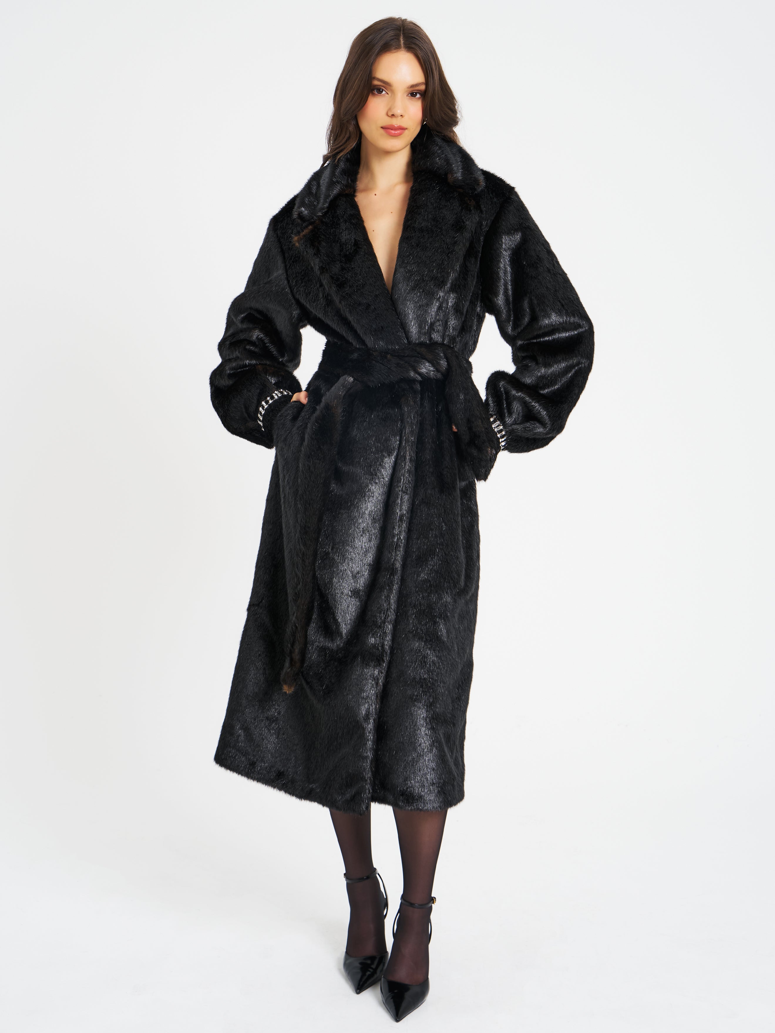 Yahia Black Vegan Long Faux Mink Coat