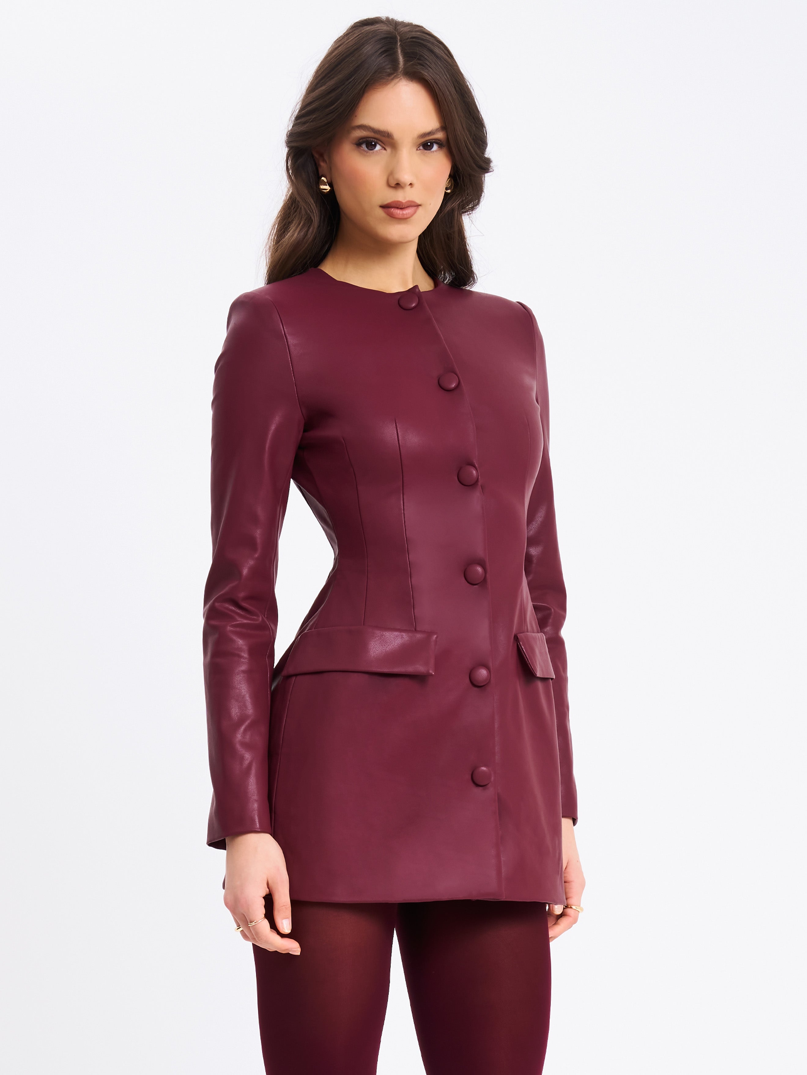 Baila Burgundy Vegan Leather Blazer Mini Dress