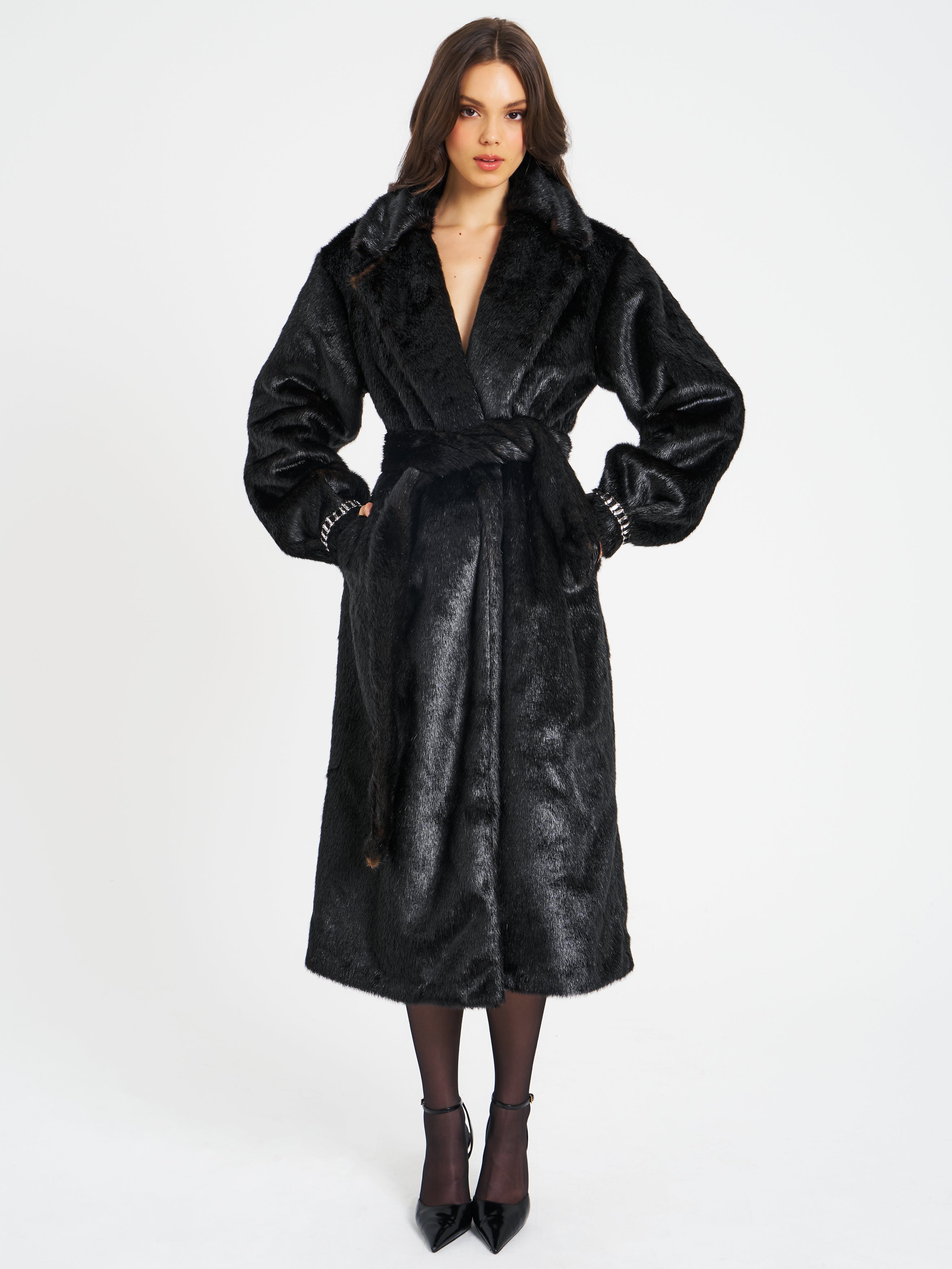【新品未使用】FIDELITY LOOSE 8B P-COAT Yahia Black Vegan Long Faux Mink Coat