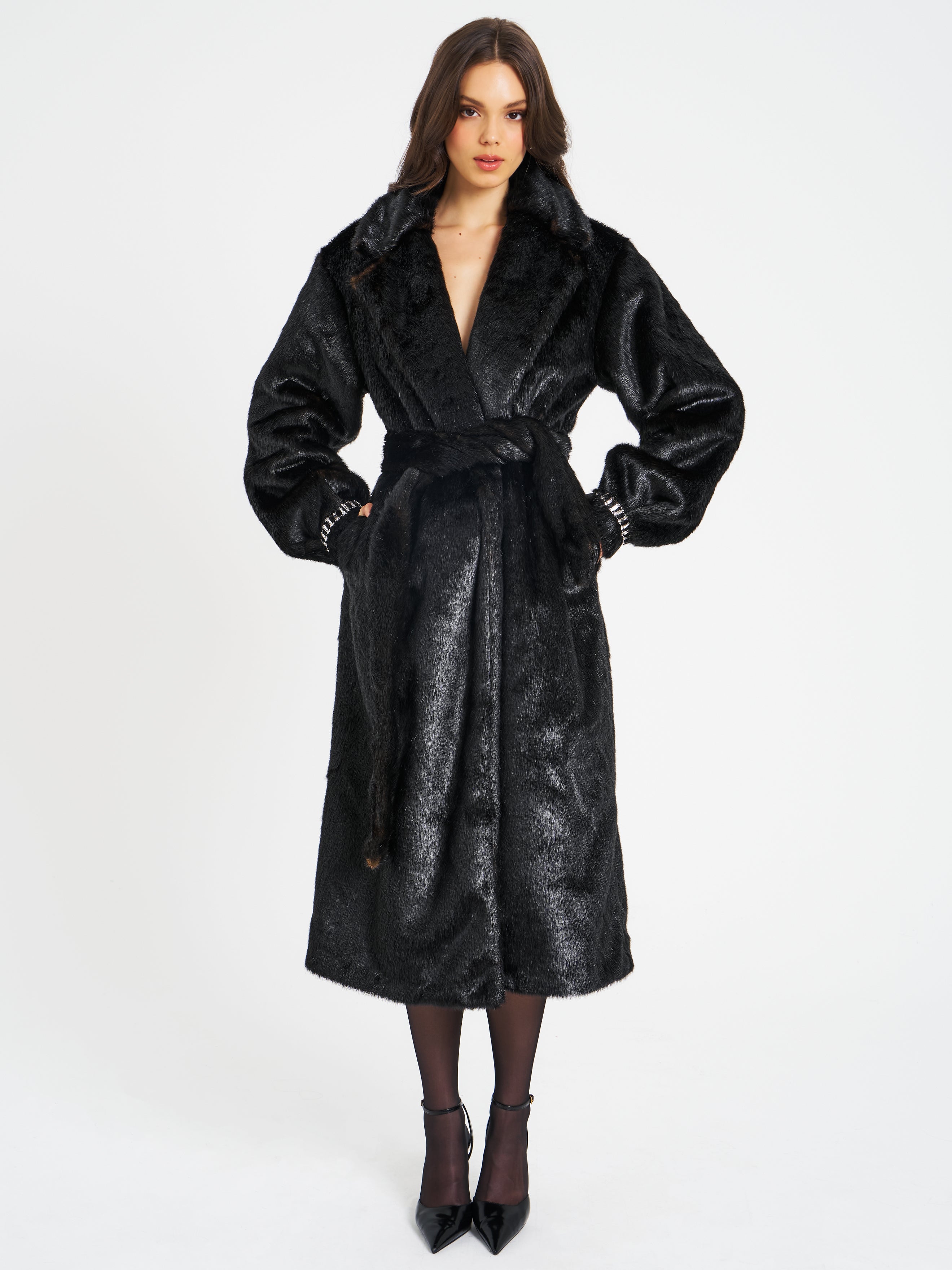 Yahia Black Vegan Long Faux Mink Coat