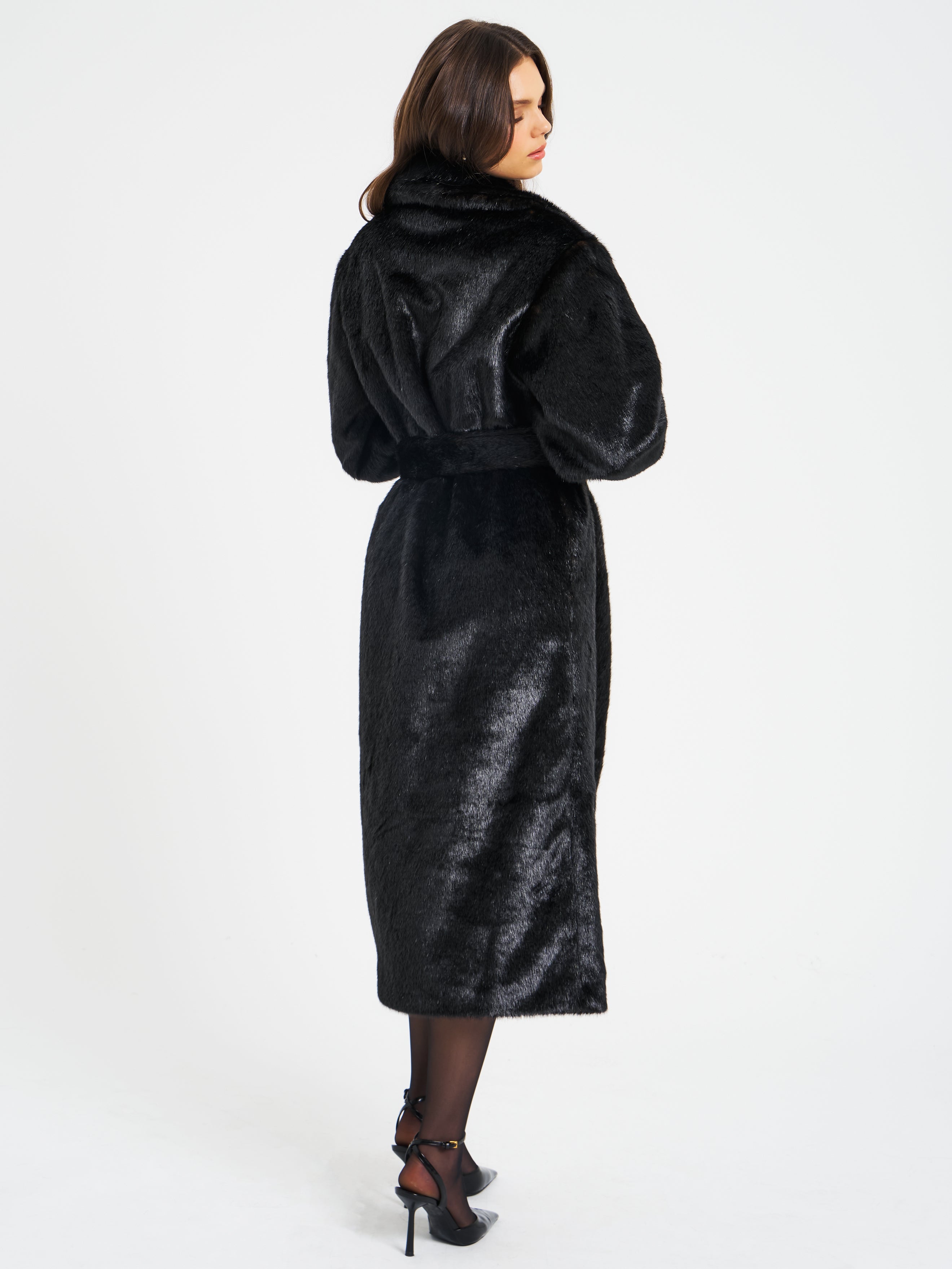 Yahia Black Vegan Long Faux Mink Coat