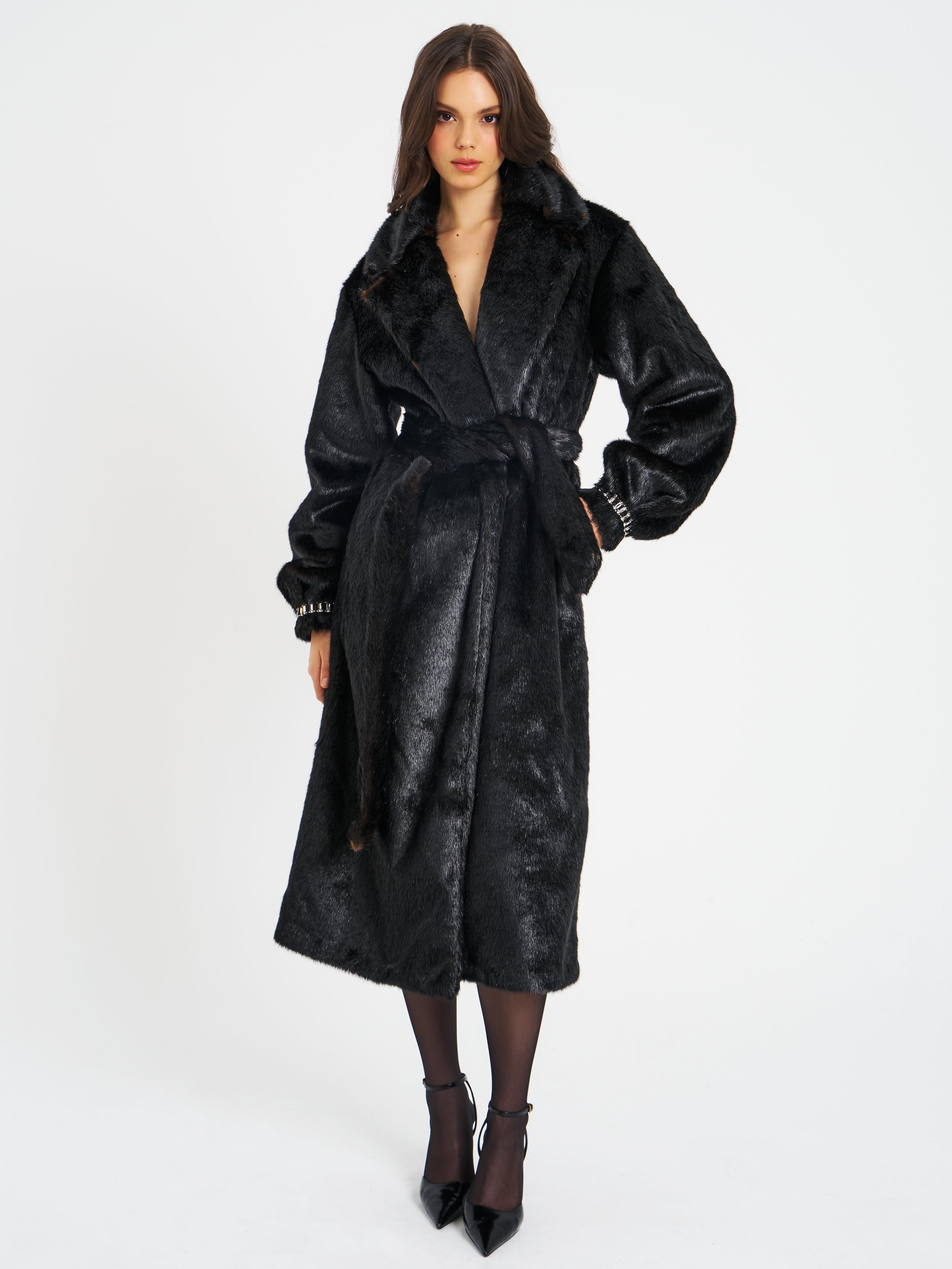 Yahia Black Vegan Long Faux Mink Coat