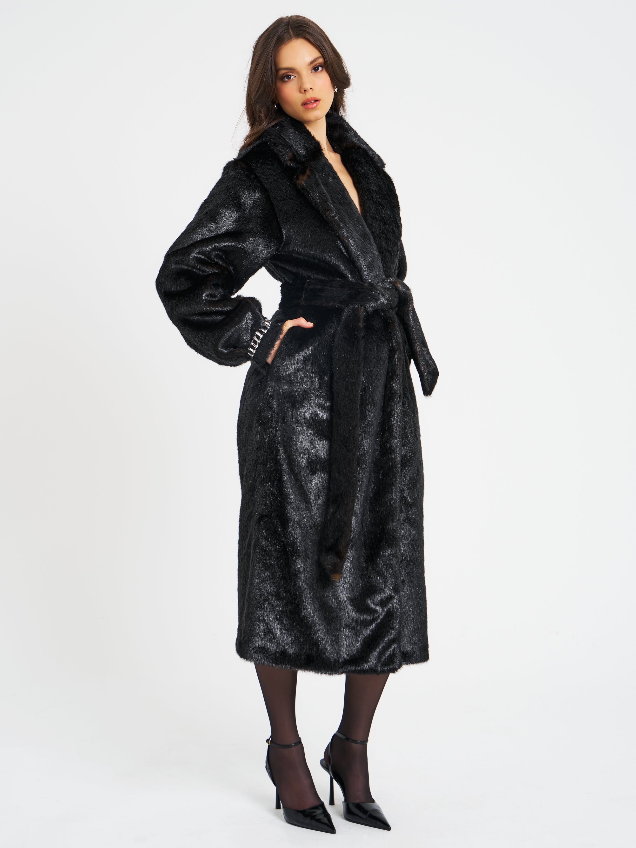 Yahia Black Vegan Long Faux Mink Coat