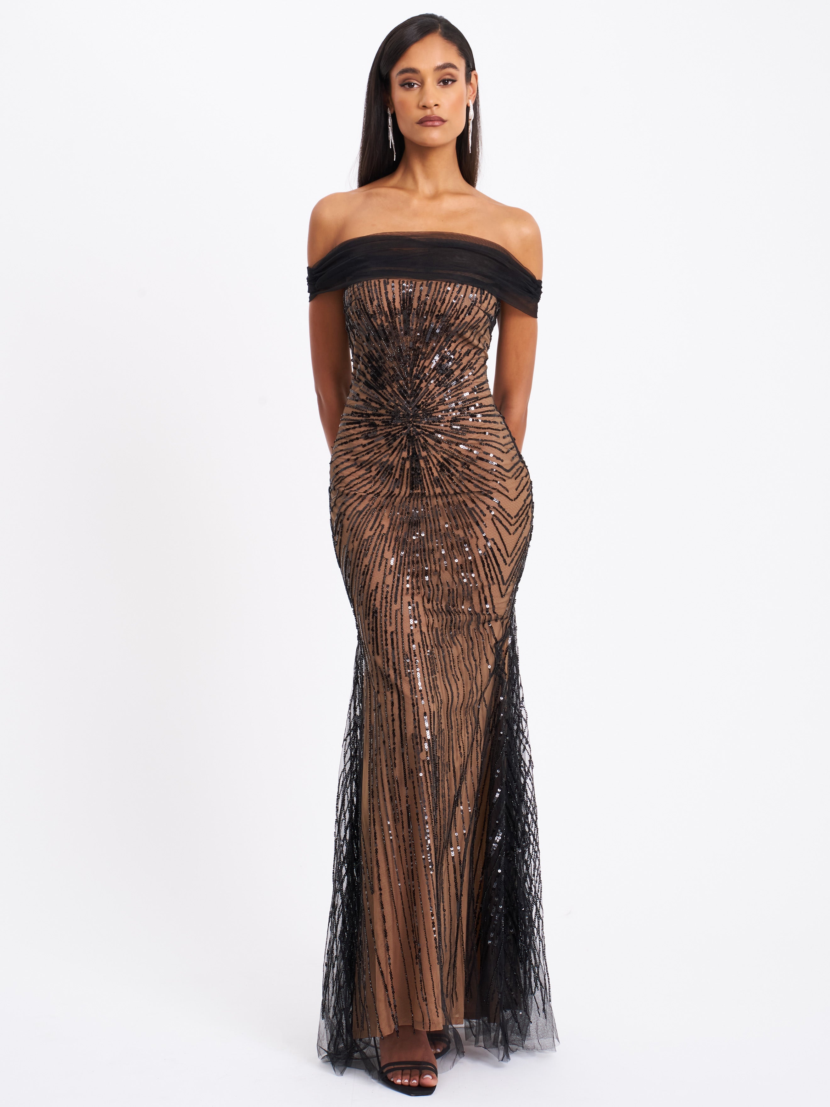 Qeturah Embroidered Sequin Off Shoulder Mesh Gown