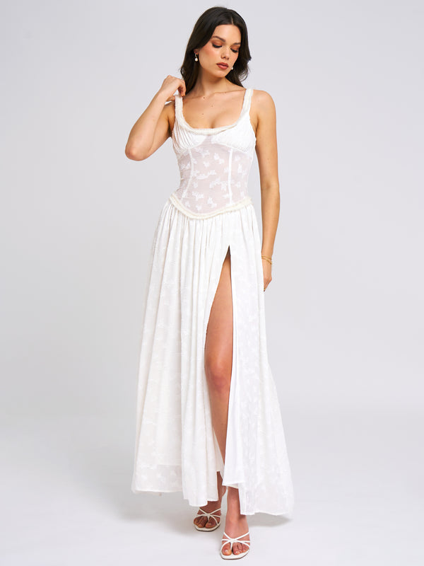 Square neck high slit ruffled satin maxi dress