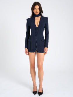 Tahlia Deep V Pinstripes Navy Blue Blazer Dress with scarf collar